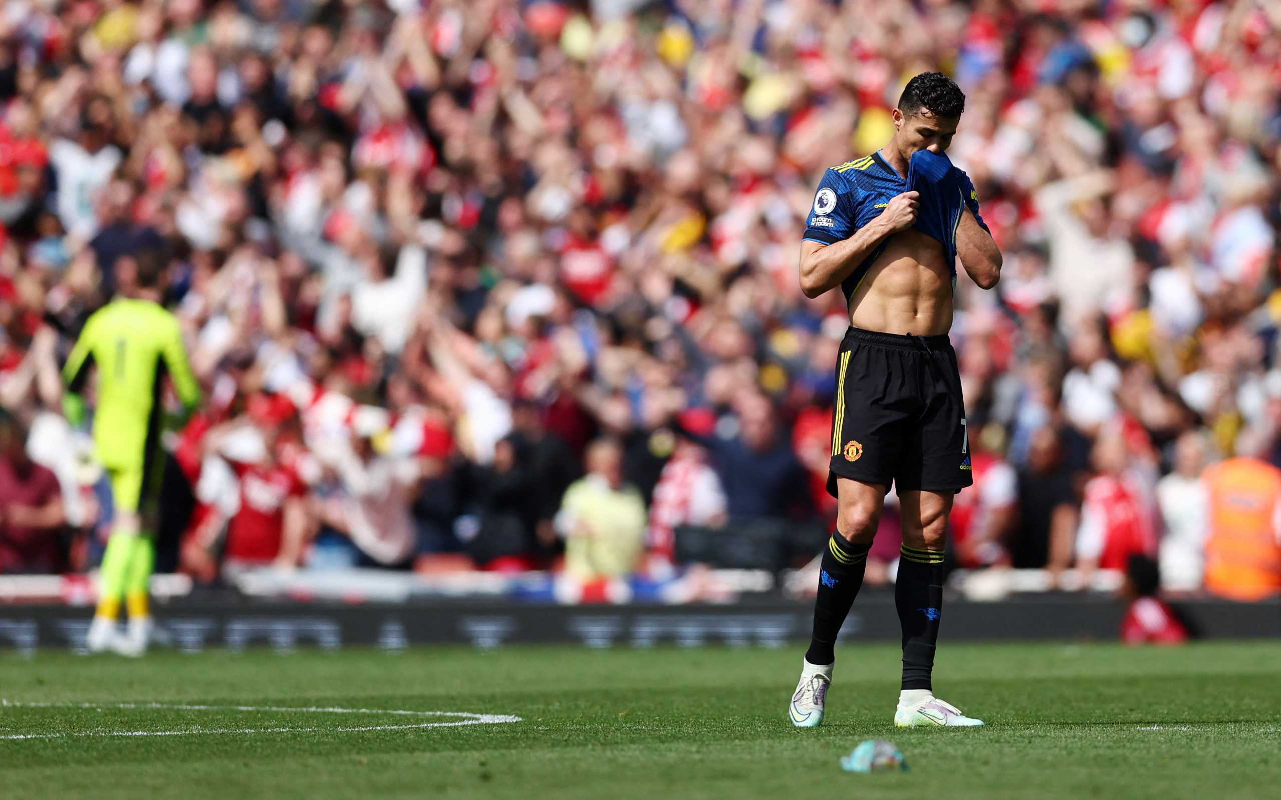 Soccer Football - Premier League - Arsenal v Manchester United - Emirates Stadium, London, Britain - April 23, 2022 Manchester United's Cristiano Ronaldo reacts after Arsenal's Granit Xhaka scores their third goal REUTERS