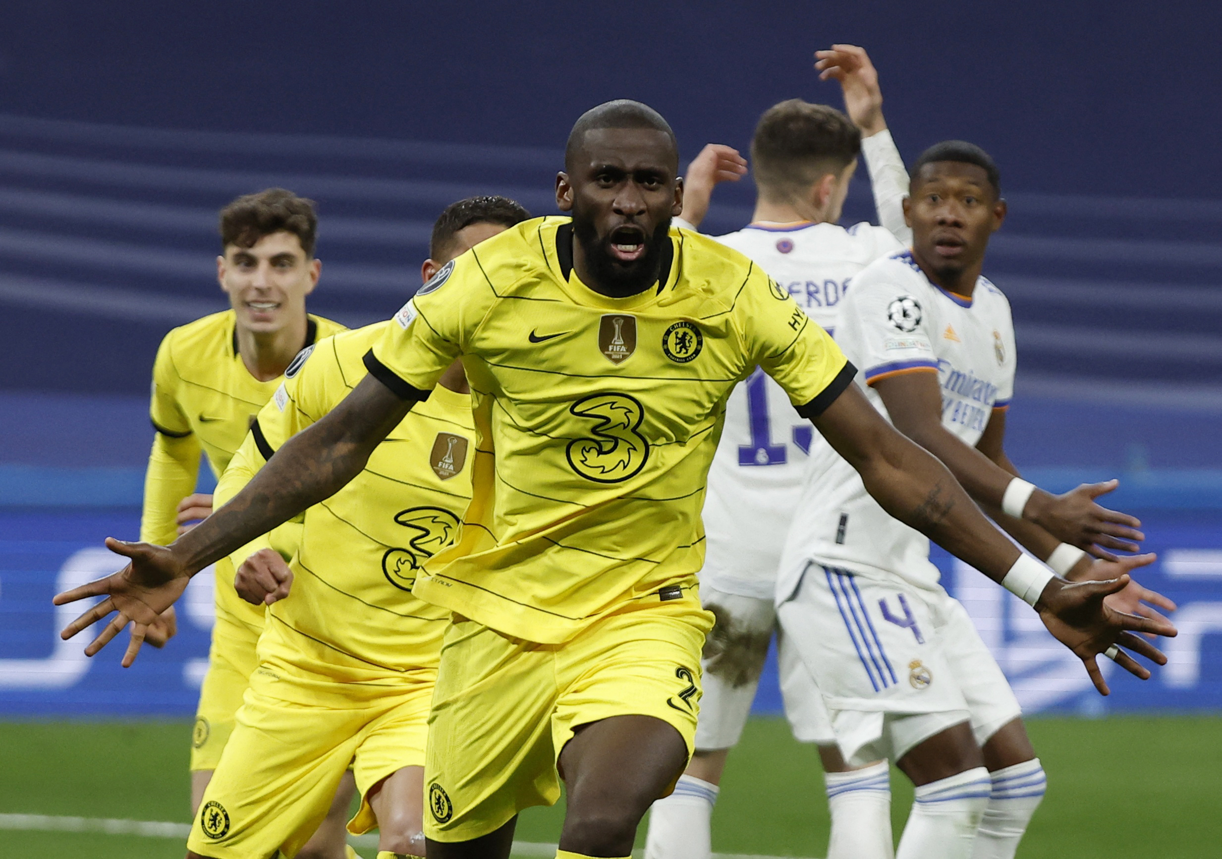 Soccer Football - Champions League - Quarter Final - Second Leg - Real Madrid v Chelsea - Santiago Bernabeu, Madrid, Spain - April 12, 2022 Chelsea's Antonio Rudiger celebrates scoring their second goal REUTERS
