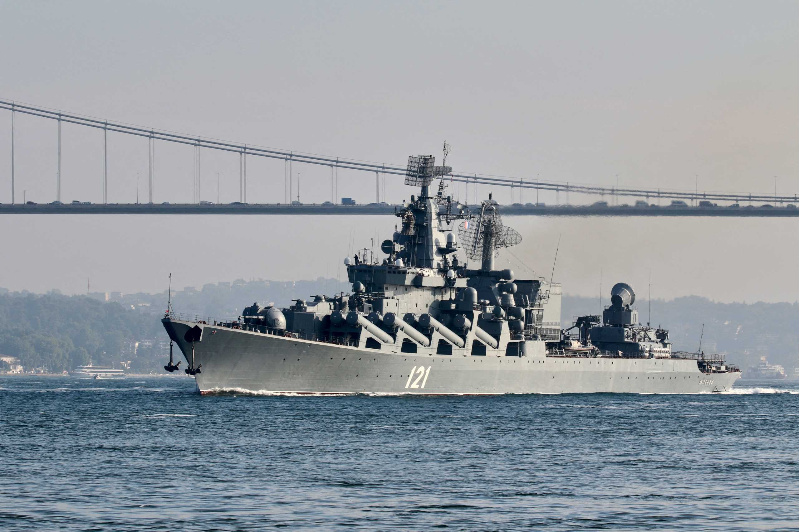 FILE PHOTO: The Russian Navy's guided missile cruiser Moskva sails in the Bosphorus, on its way to the Mediterranean Sea, in Istanbul, Turkey June 18, 2021. REUTERS