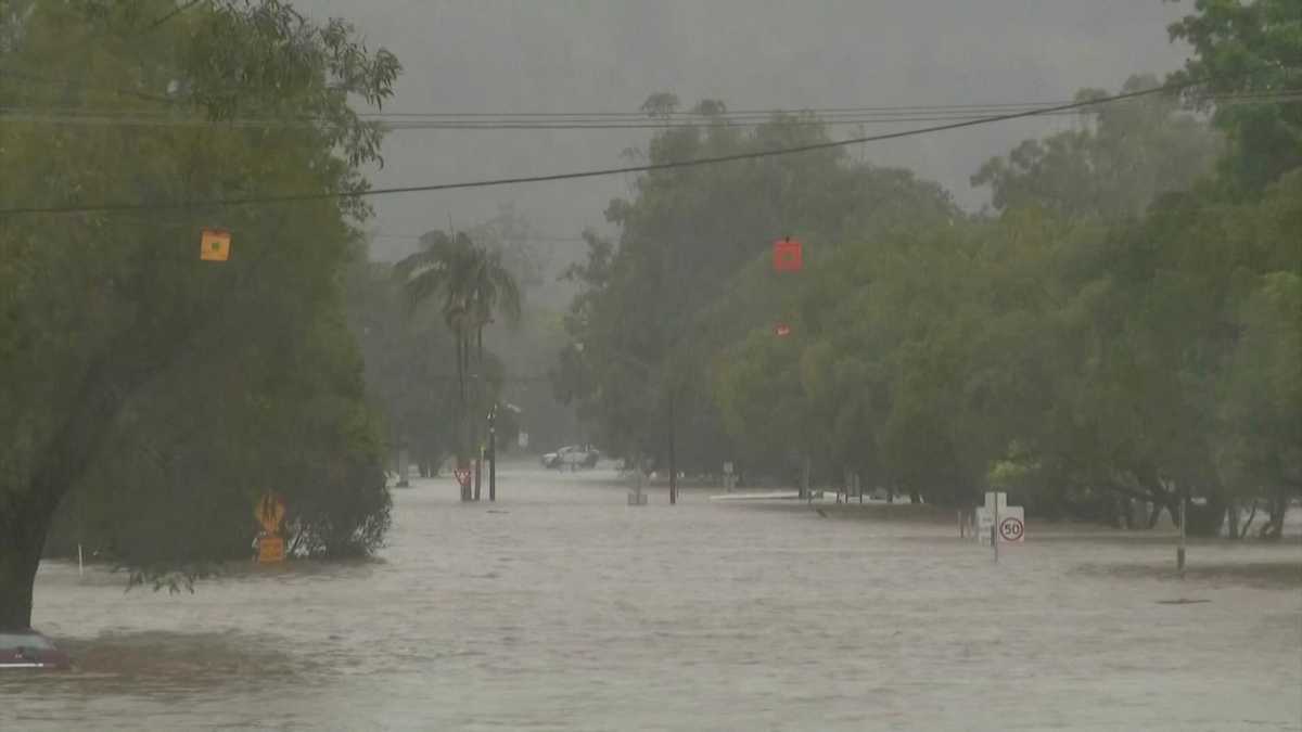 A view shows a flooded street during heavy rainfall in the northern town of Lismore, New South Wales, Australia March 30, 2022 in this still image taken from a video. Seven Network