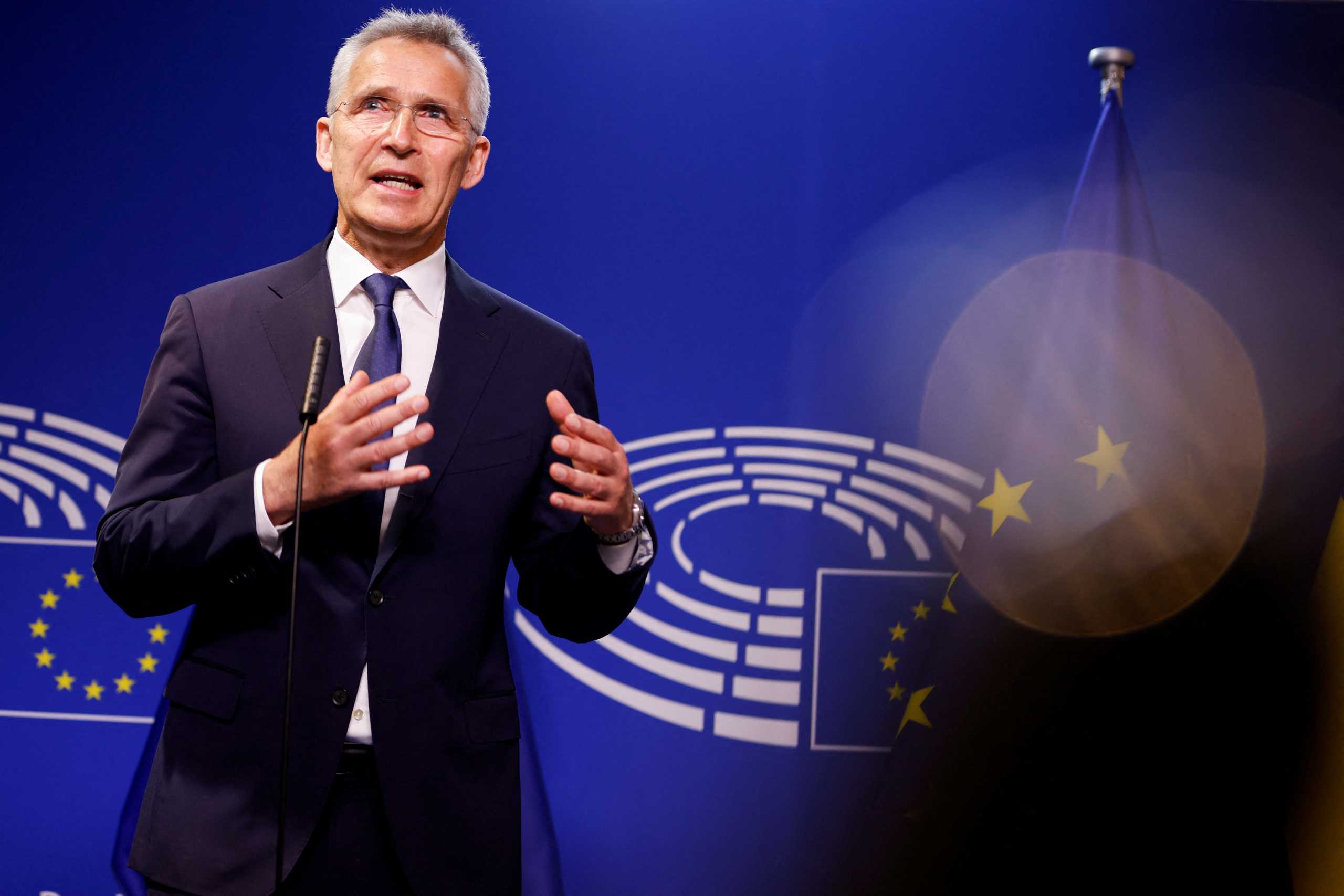NATO Secretary-General Jens Stoltenberg speaks during a news conference along with the European Parliament President Roberta Metsola (not pictured) at the European Parliament in Brussels, Belgium, April 28, 2022. REUTERS