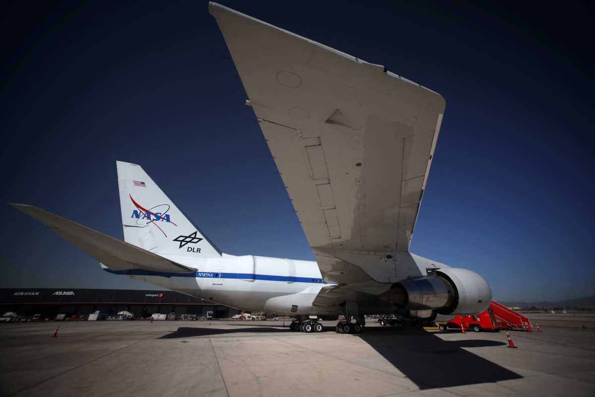 NASA's flying observatory, Boeing 747SP modified aircraft, SOFIA, Stratospheric Observatory for Infrared Astronomy, is shown to the media at the international airport, in Santiago, Chile March 31, 2022. REUTERS