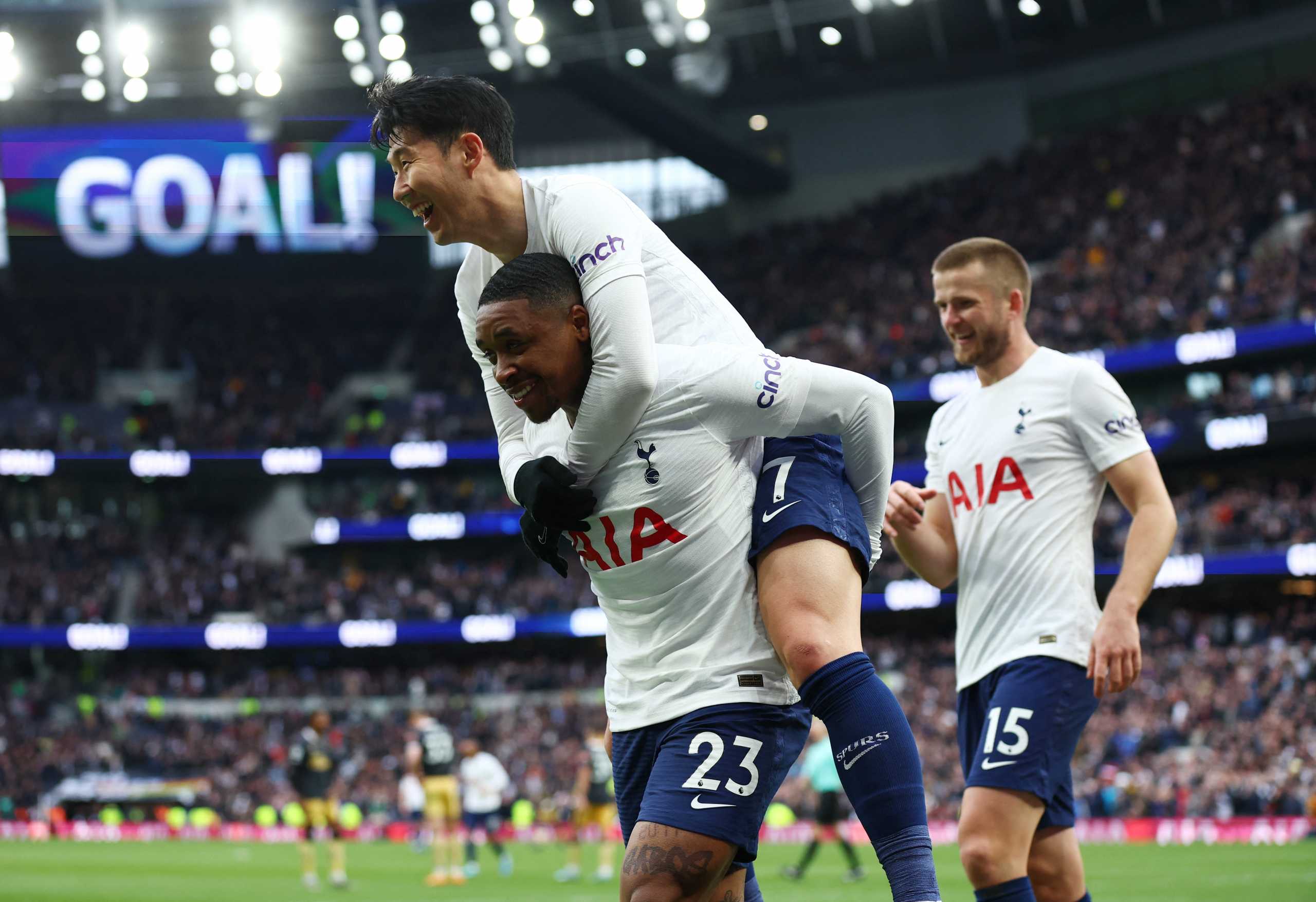 Soccer Football - Premier League - Tottenham Hotspur v Newcastle United - Tottenham Hotspur Stadium, London, Britain - April 3, 2022 Tottenham Hotspur's Steven Bergwijn celebrates scoring their fifth goal with Son Heung-min REUTERS