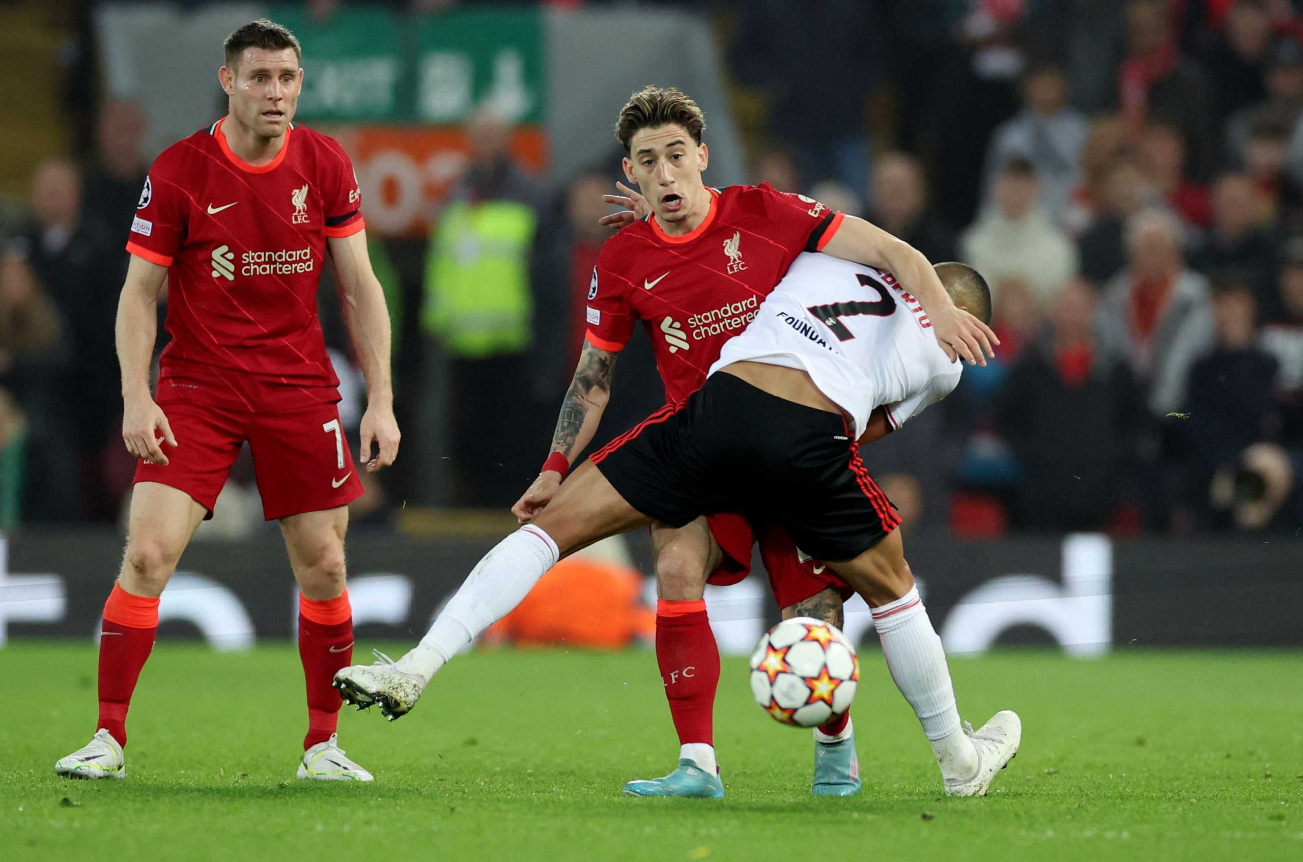 Soccer Football - Champions League - Quarter Final - Second Leg - Liverpool v Benfica - Anfield, Liverpool, Britain - April 13, 2022 Liverpool's Kostas Tsimikas in action with Benfica's Gilberto REUTERS