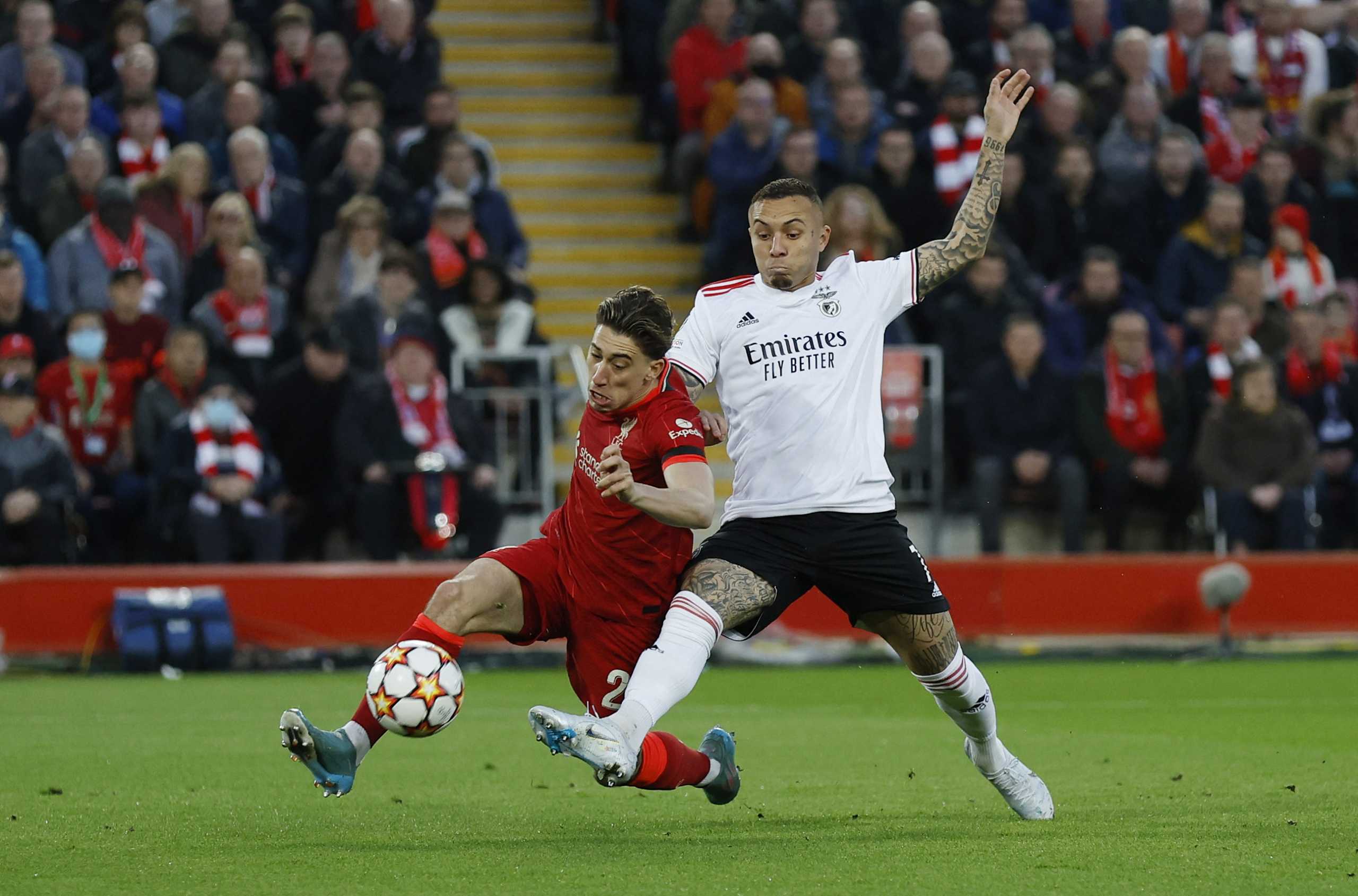 Soccer Football - Champions League - Quarter Final - Second Leg - Liverpool v Benfica - Anfield, Liverpool, Britain - April 13, 2022 Liverpool's Kostas Tsimikas in action with Benfica's Everton Action Images via Reuters