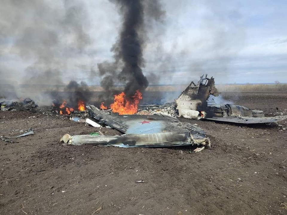 A view shows remains of Russian fighting aircraft Su-35 hit by the Ukrainian Armed Forces, as Russia attack on Ukraine continues, in Kharkiv region, Ukraine, in this handout picture released April 3, 2022. Press service of the Ukrainian Armed Forces General Staff
