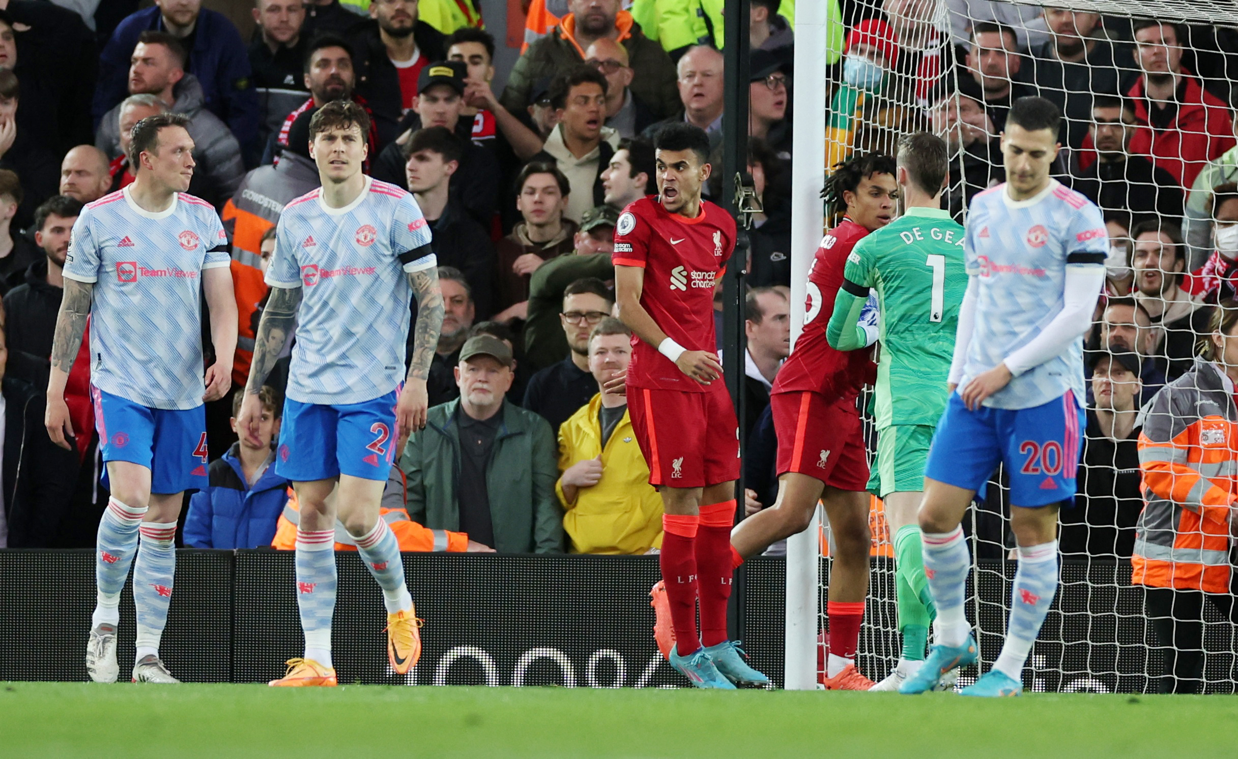 Soccer Football - Premier League - Liverpool v Manchester United - Anfield, Liverpool, Britain - April 19, 2022 Liverpool's Luis Diaz celebrates scoring their first goal REUTERS