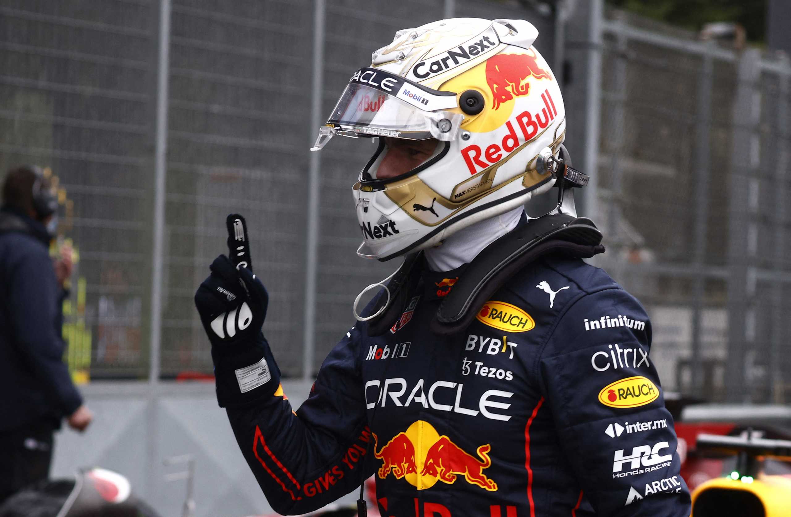 Formula One F1 - Emilia Romagna Grand Prix - Autodromo Enzo e Dino Ferrari, Imola, Italy - April 22, 2022 Red Bull's Max Verstappen celebrates qualifying in pole position for the sprint race REUTERS