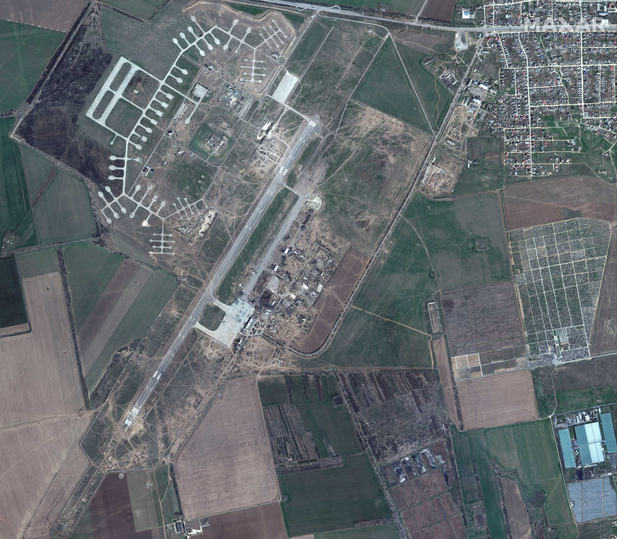 A satellite image shows an overview of Kherson airfield and deployments in Kherson, Ukraine, April 7, 2022. Picture taken April 7, 2022. Satellite image 2022 Maxar Technologies
