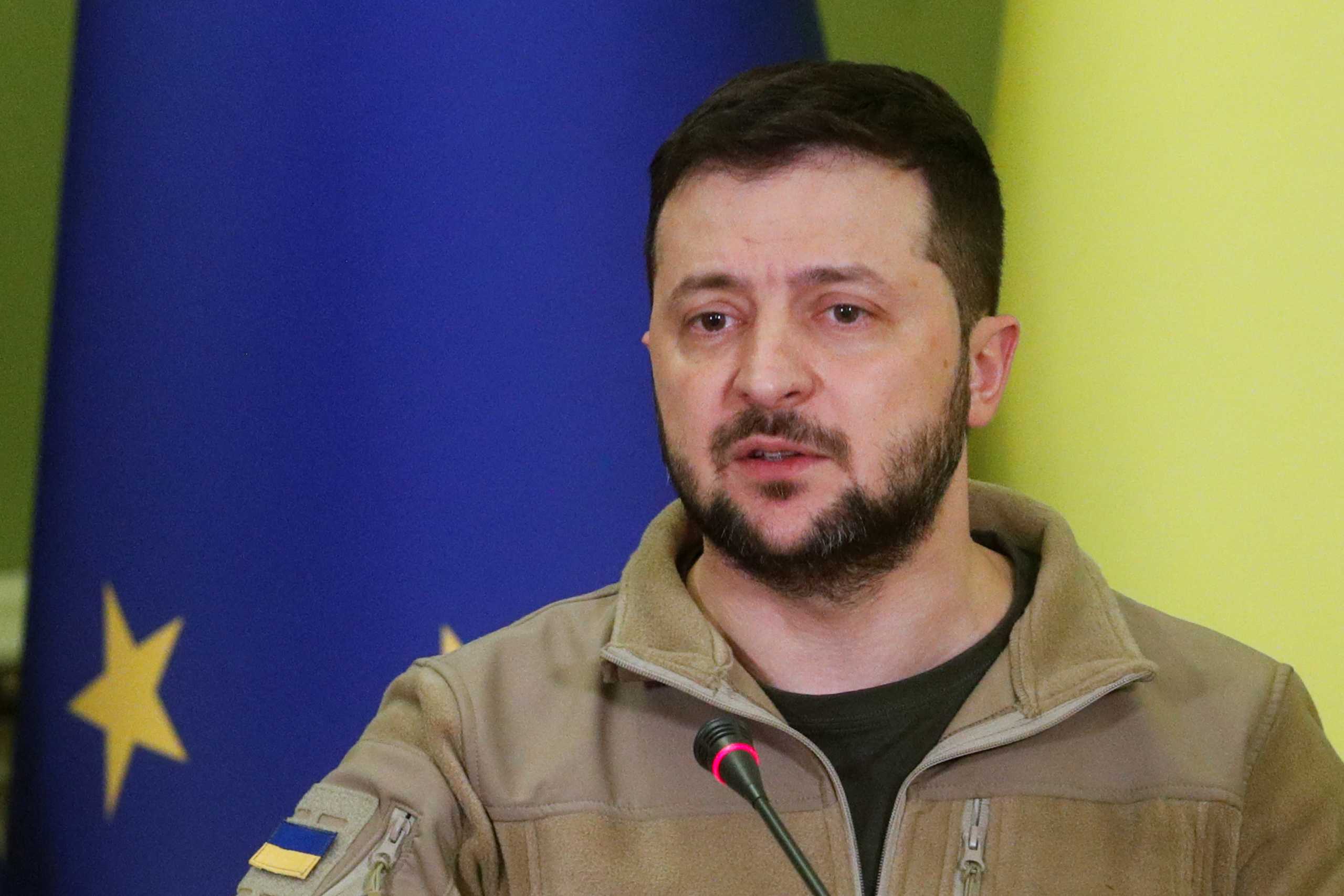 Ukraine's President Volodymyr Zelenskiy speaks during a joint news conference with European Council President Charles Michel after their meeting, as Russia's attack on Ukraine continues, in Kyiv, Ukraine April 20, 2022. REUTERS