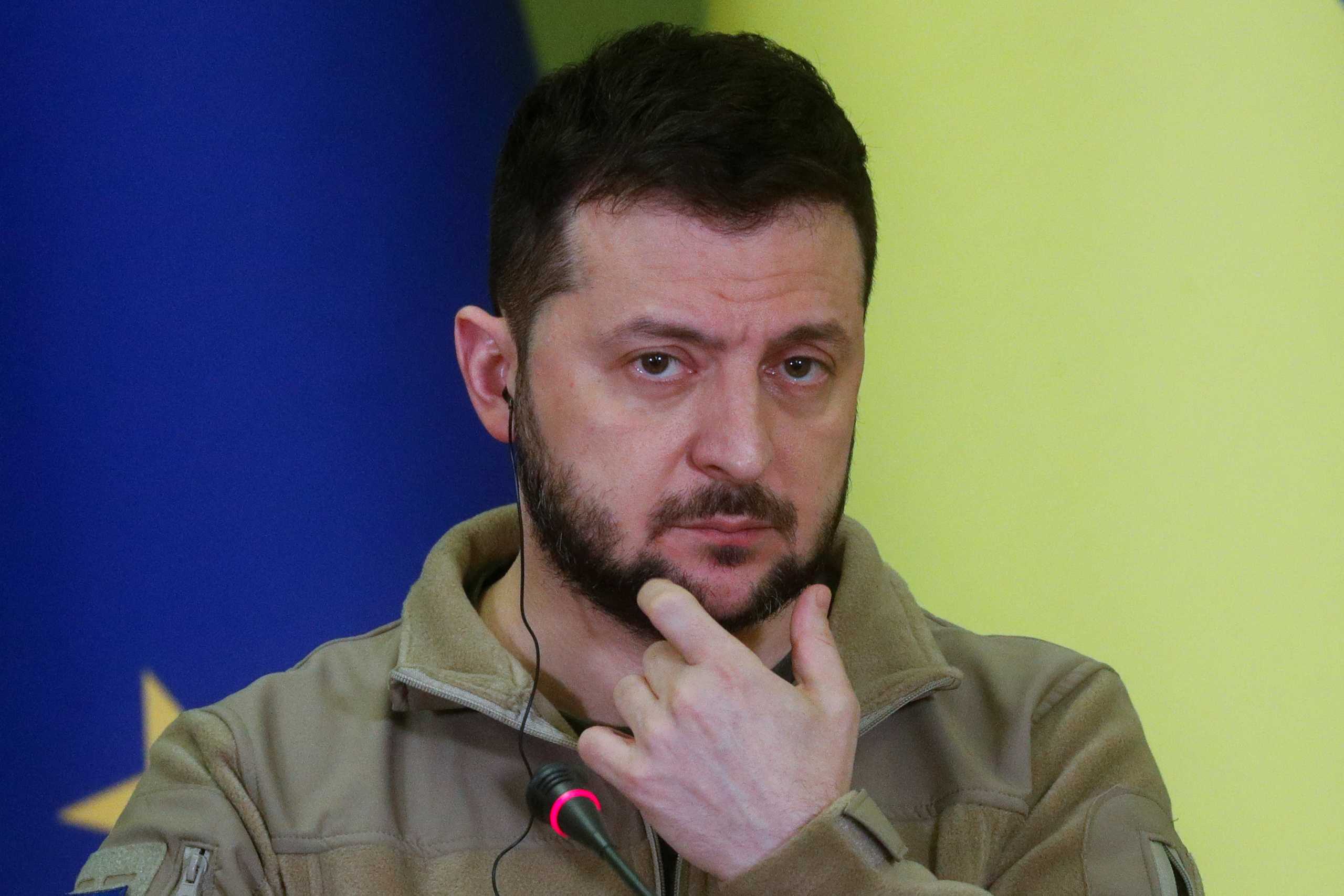 Ukraine's President Volodymyr Zelenskiy gestures during a joint news conference with European Council President Charles Michel after their meeting, as Russia's attack on Ukraine continues, in Kyiv, Ukraine April 20, 2022. REUTERS