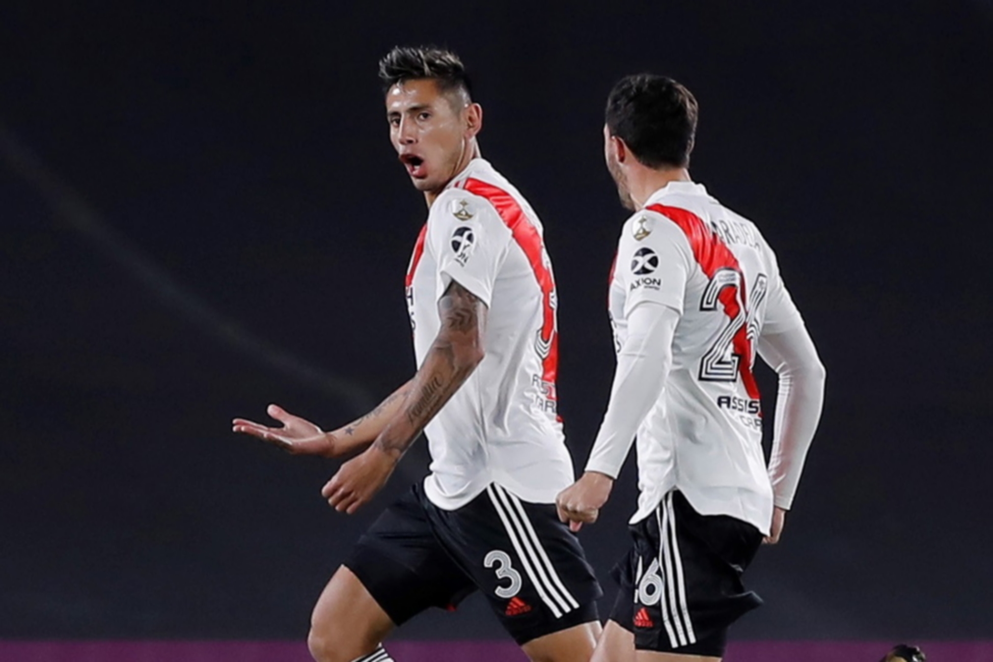 epa09214058 Fabrizio German Angileri (L) of River Plate celebrates after scoring during the Copa Libertadores Group D soccer match between River Plate and Santa Fe at the Monumental Stadium, in Buenos Aires, Argentina, 19 May 2021.  EPA