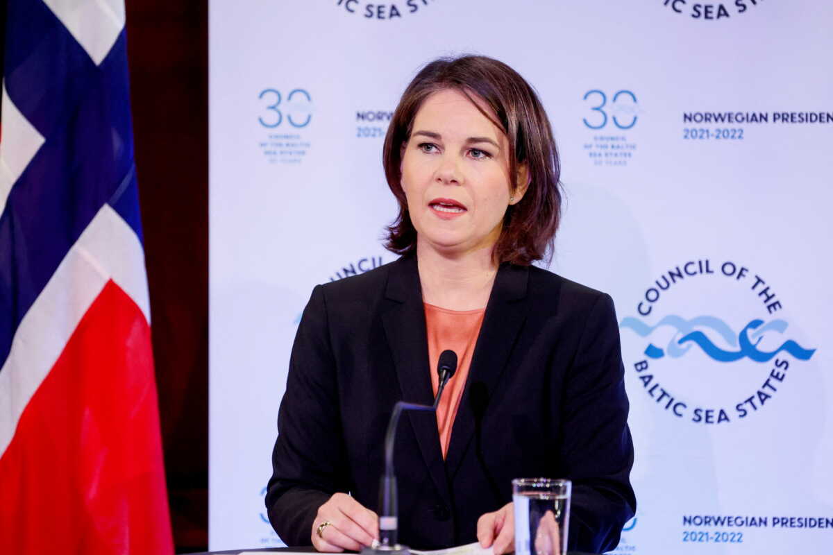 Germany's Foreign Minister Annalena Baerbock addresses the media during the 2022 Baltic Sea Council in Kristiansand, Norway May 25, 2022.  NTB