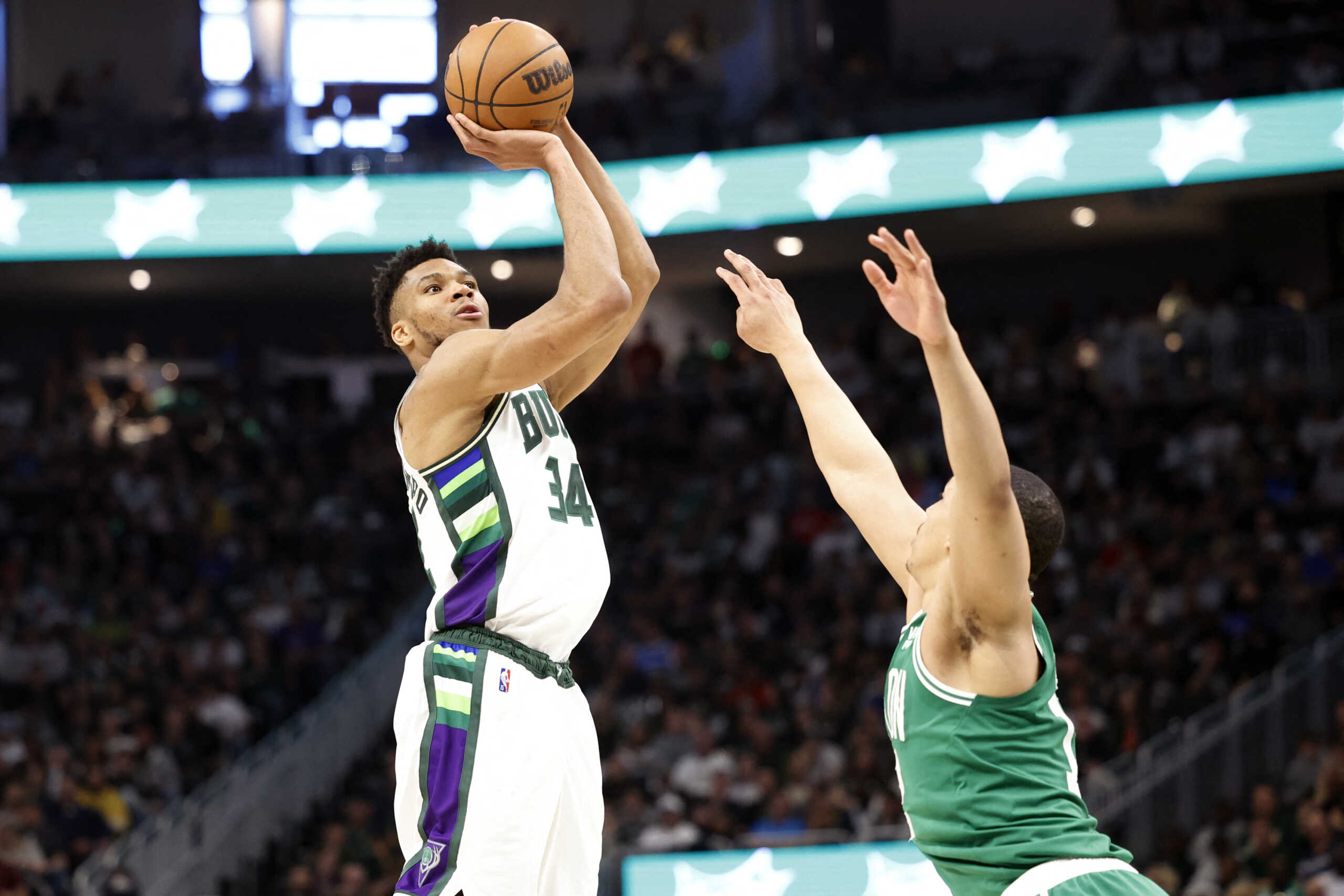 May 7, 2022; Milwaukee, Wisconsin, USA; Milwaukee Bucks forward Giannis Antetokounmpo (34) shoots during the second quarter against the Boston Celtics during game three of the second round for the 2022 NBA playoffs at Fiserv Forum. Mandatory Credit: Jeff Hanisch-USA TODAY Sports