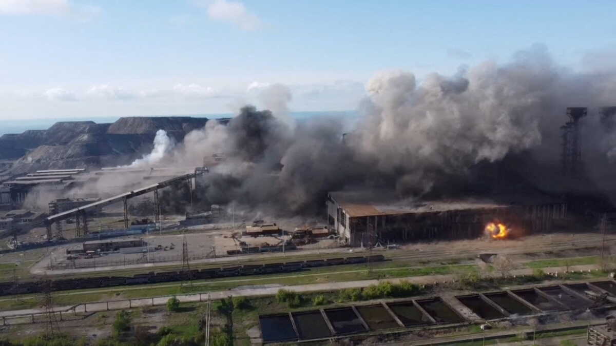 FILE PHOTO: An aerial view shows shelling in the Azovstal steel plant complex, amid Russia's invasion of Ukraine, in Mariupol, Ukraine, in this screen grab taken from a handout video released on May 5, 2022. Azov Regiment