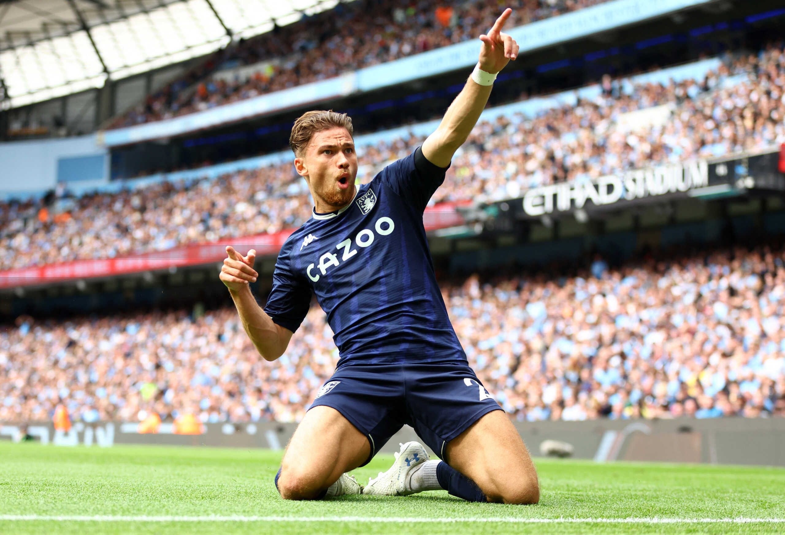 Soccer Football - Premier League - Manchester City v Aston Villa - Etihad Stadium, Manchester, Britain - May 22, 2022 Aston Villa's Matty Cash celebrates scoring their first goal REUTERS