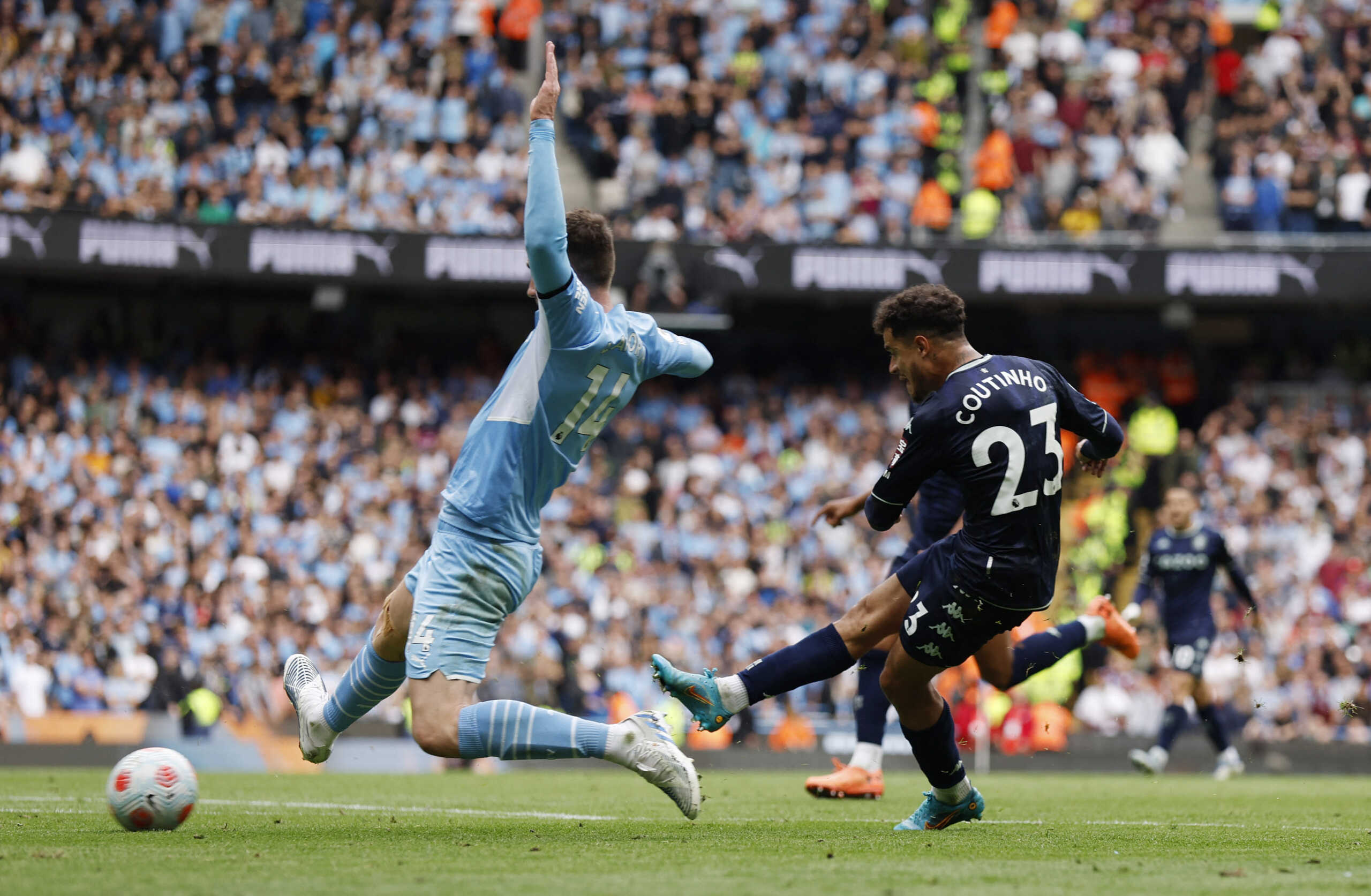 Soccer Football - Premier League - Manchester City v Aston Villa - Etihad Stadium, Manchester, Britain - May 22, 2022 Aston Villa's Philippe Coutinho scores their second goal Action Images via Reuters