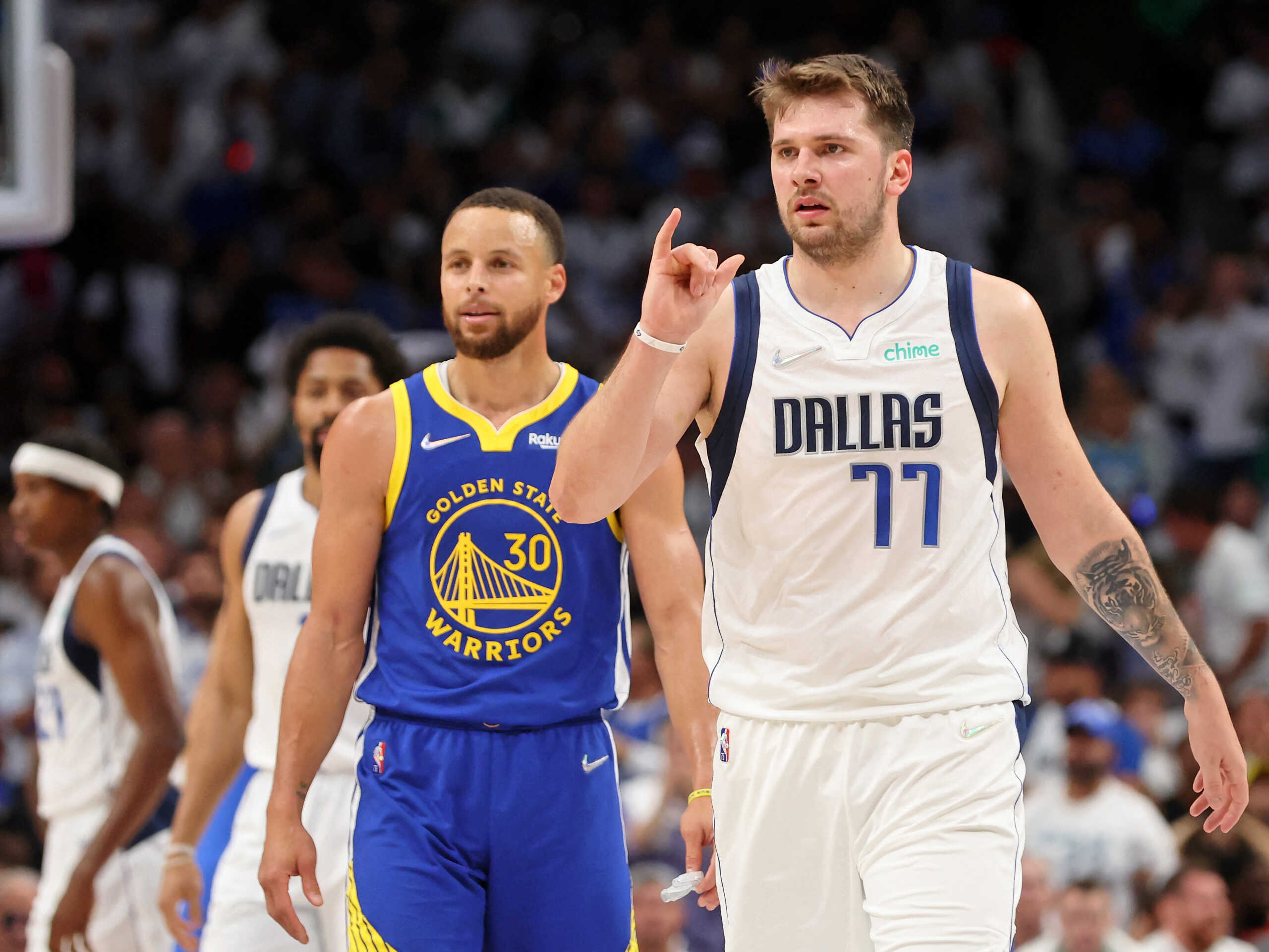 May 24, 2022; Dallas, Texas, USA; Dallas Mavericks guard Luka Doncic (77) reacts after a play against the Golden State Warriors during the third quarter in game four of the 2022 Western Conference finals at American Airlines Center. Mandatory Credit: Kevin Jairaj-USA TODAY Sports