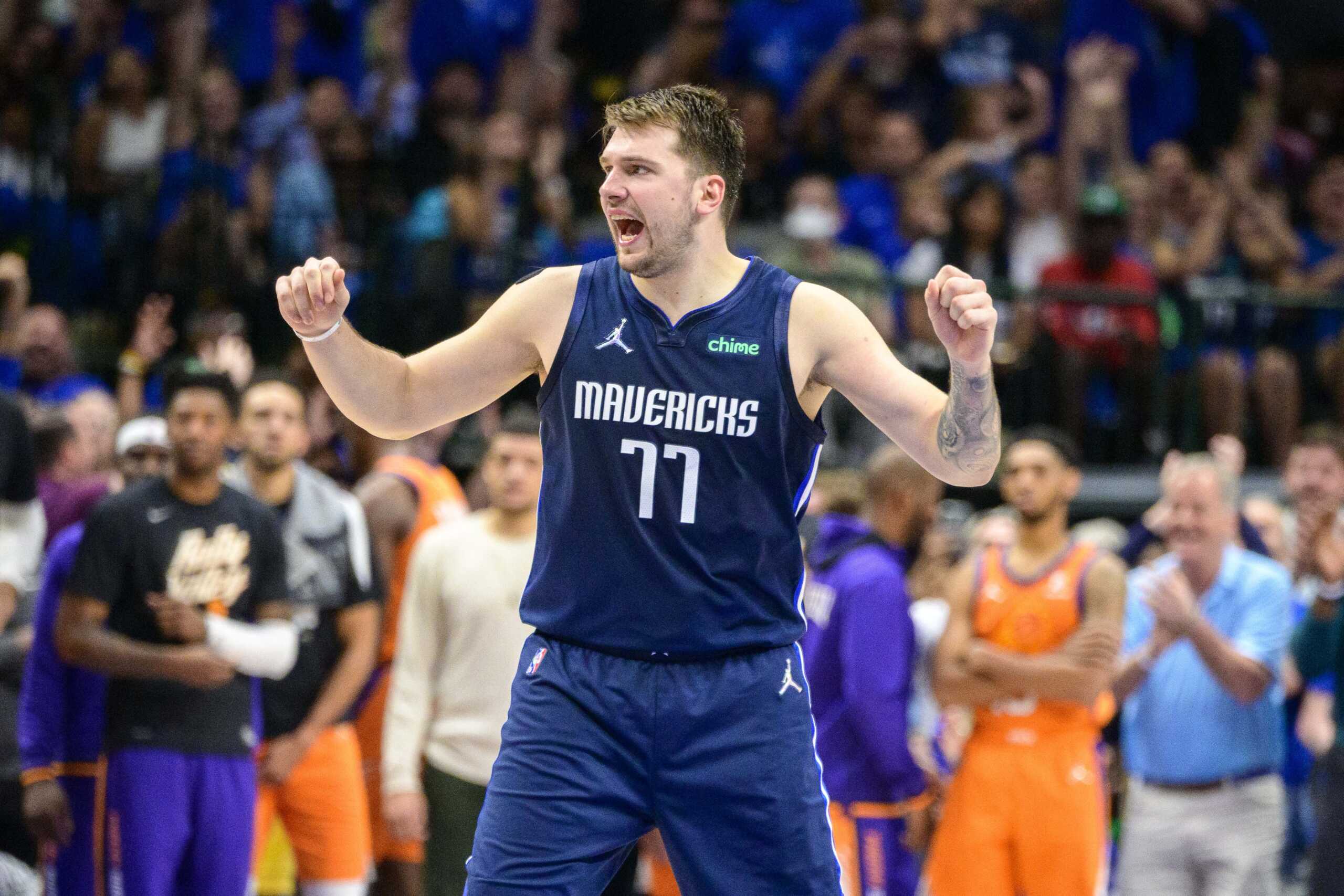 May 8, 2022; Dallas, Texas, USA; Dallas Mavericks guard Luka Doncic (77) celebrates during the fourth quarter against the Phoenix Suns during game four of the second round for the 2022 NBA playoffs at American Airlines Center. Mandatory Credit: Jerome Miron-USA TODAY Sports