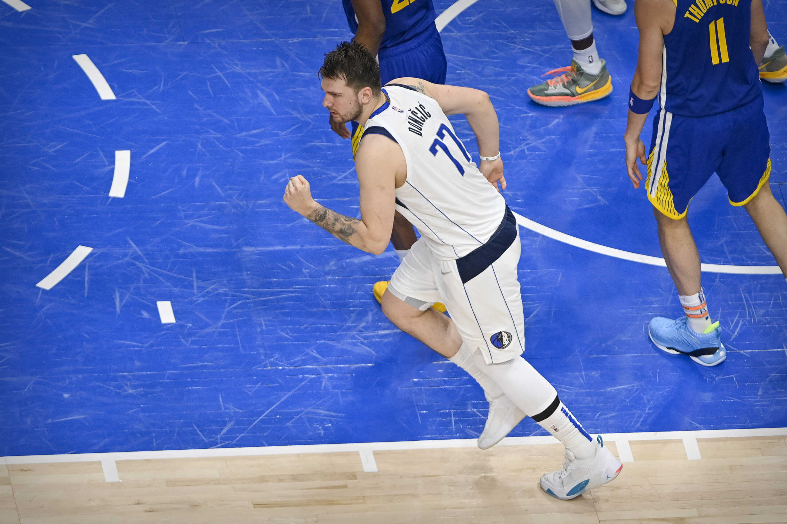 May 24, 2022; Dallas, Texas, USA; Dallas Mavericks guard Luka Doncic (77) celebrates during the fourth quarter against the Golden State Warriors in game four of the 2022 western conference finals at American Airlines Center. Mandatory Credit: Jerome Miron-USA TODAY Sports
