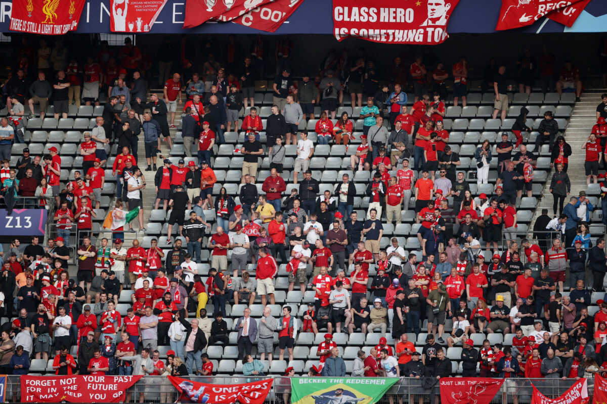Soccer Football - Champions League Final - Liverpool v Real Madrid - Stade de France, Saint-Denis near Paris, France - May 28, 2022 General view of Liverpool fans and empty seats in the stand as kick off is delayed due to fan access issues at the stadium REUTERS
