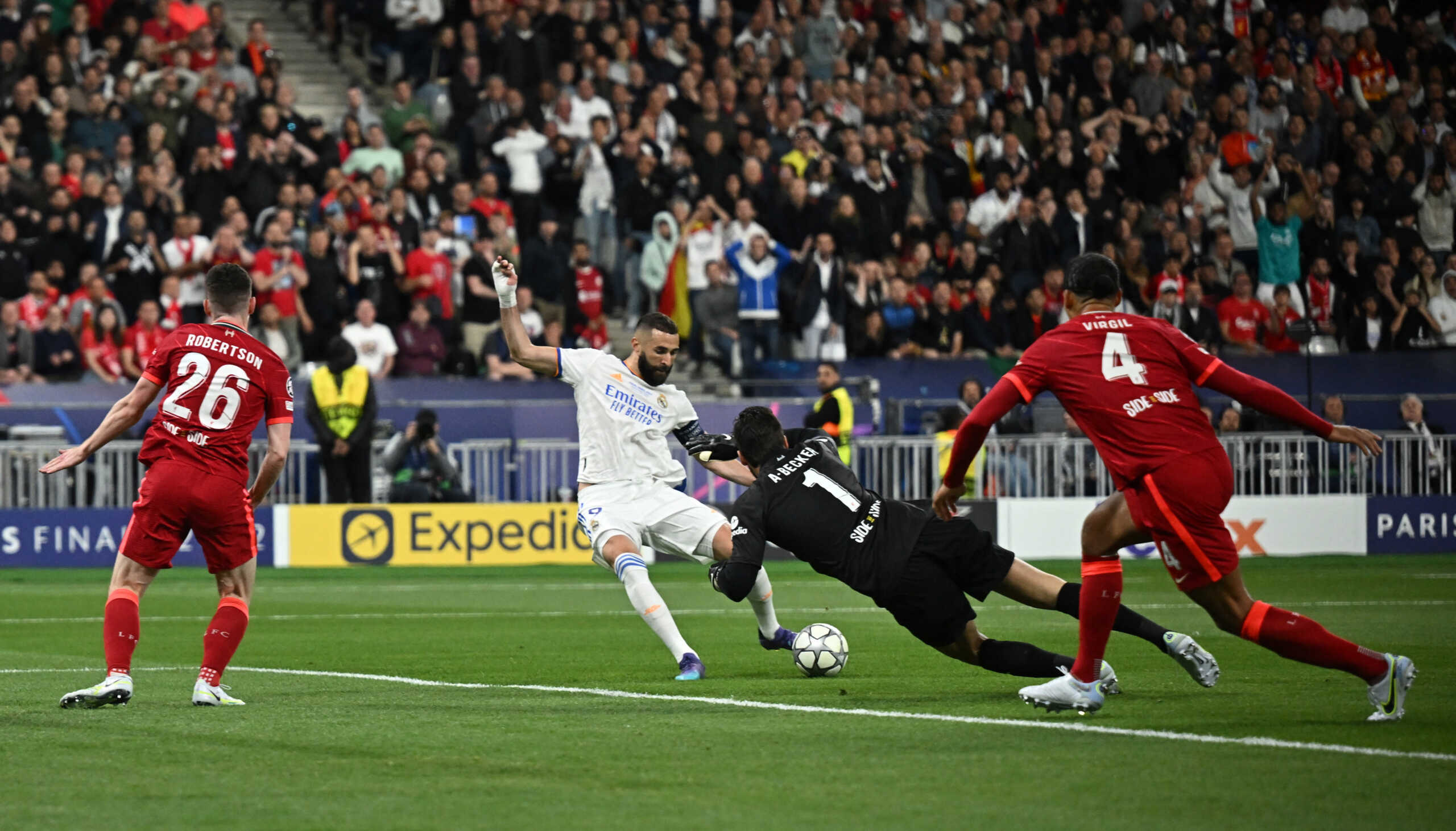 Soccer Football - Champions League Final - Liverpool v Real Madrid - Stade de France, Saint-Denis near Paris, France - May 28, 2022 Real Madrid's Karim Benzema scores their first goal before it is disallowed after a VAR review REUTERS