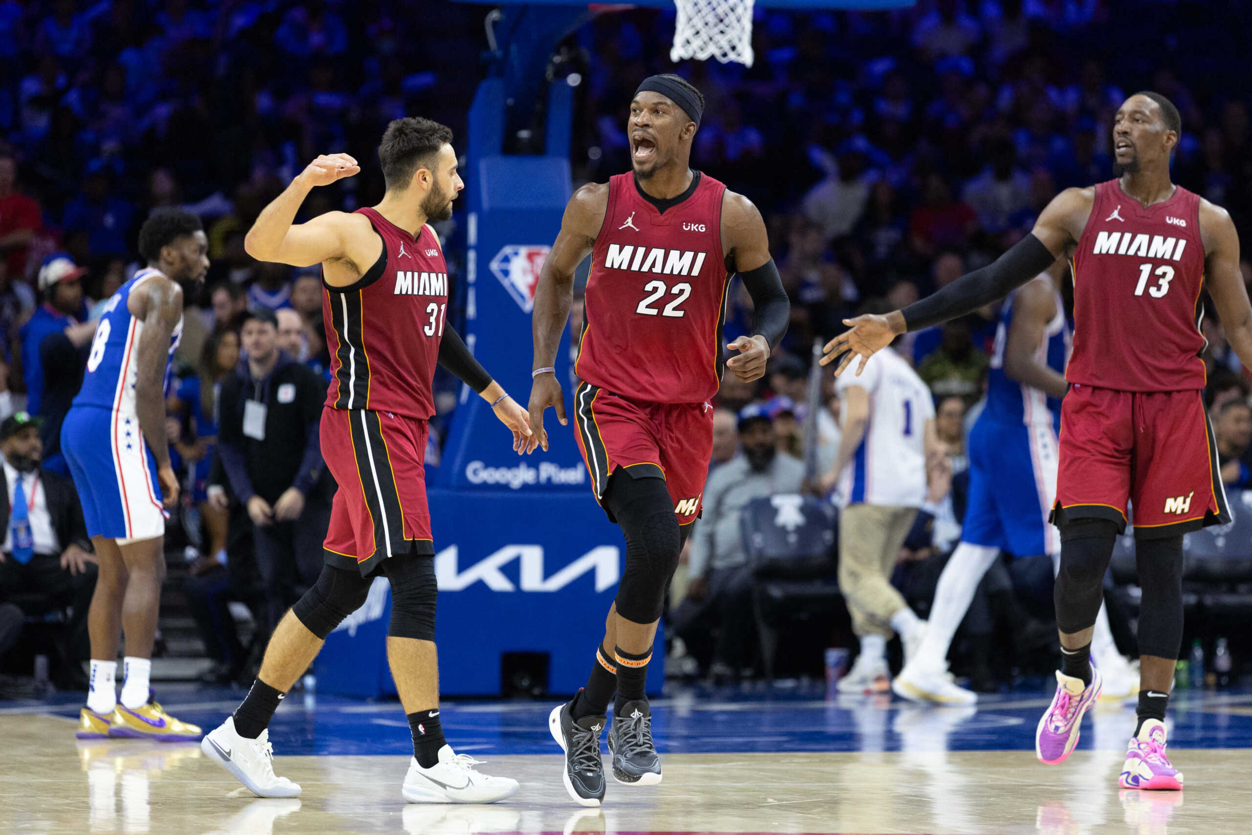May 12, 2022; Philadelphia, Pennsylvania, USA; Miami Heat forward Jimmy Butler (22) yells to fans in the closing moments of a victory against the Philadelphia 76ers in game six of the second round of the 2022 NBA playoffs at Wells Fargo Center. Mandatory Credit: Bill Streicher-USA TODAY Sports