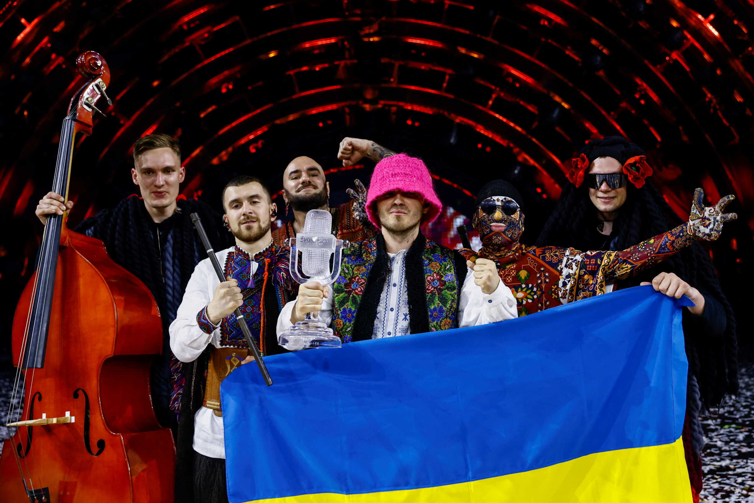 Kalush Orchestra from Ukraine pose after winning the 2022 Eurovision Song Contest in Turin, Italy, May 15, 2022. REUTERS