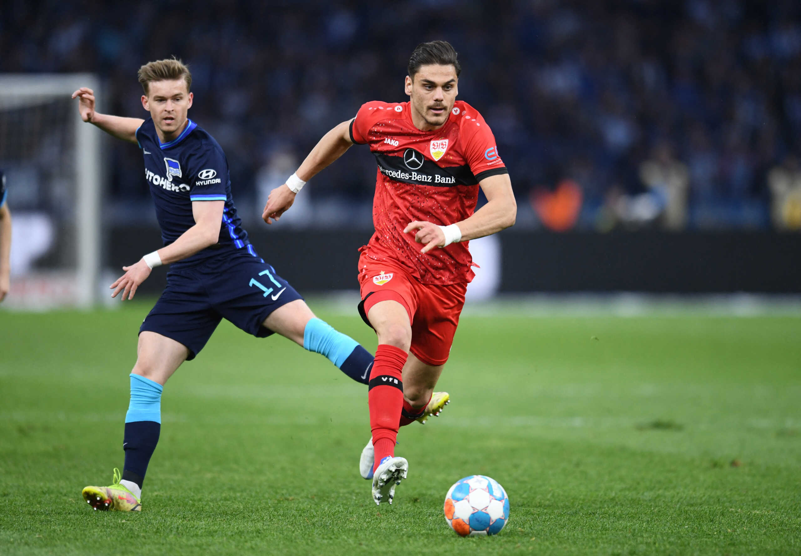 Soccer Football - Bundesliga - Hertha BSC v VfB Stuttgart - Olympiastadion, Berlin, Germany - April 24, 2022 VfB Stuttgart's Konstantinos Mavropanos in action with Hertha BSC's Maximilian Mittelstadt REUTERS