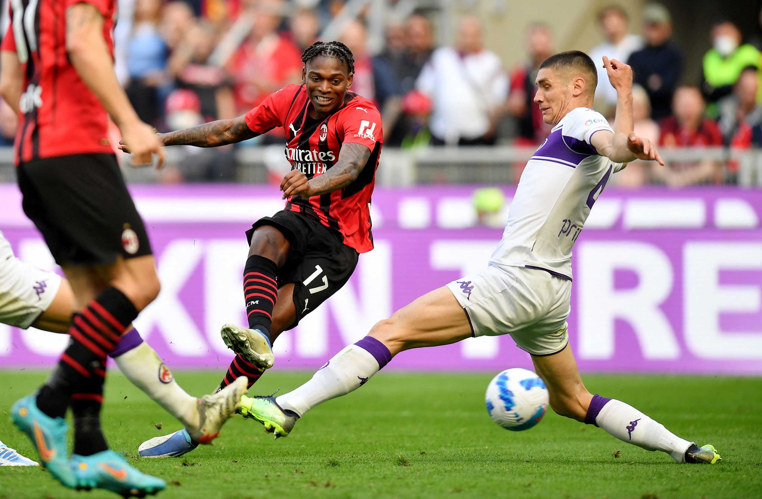 Soccer Football - Serie A - AC Milan v Fiorentina - San Siro, Milan, Italy - May 1, 2022 AC Milan's Rafael Leao scores their first goal REUTERS