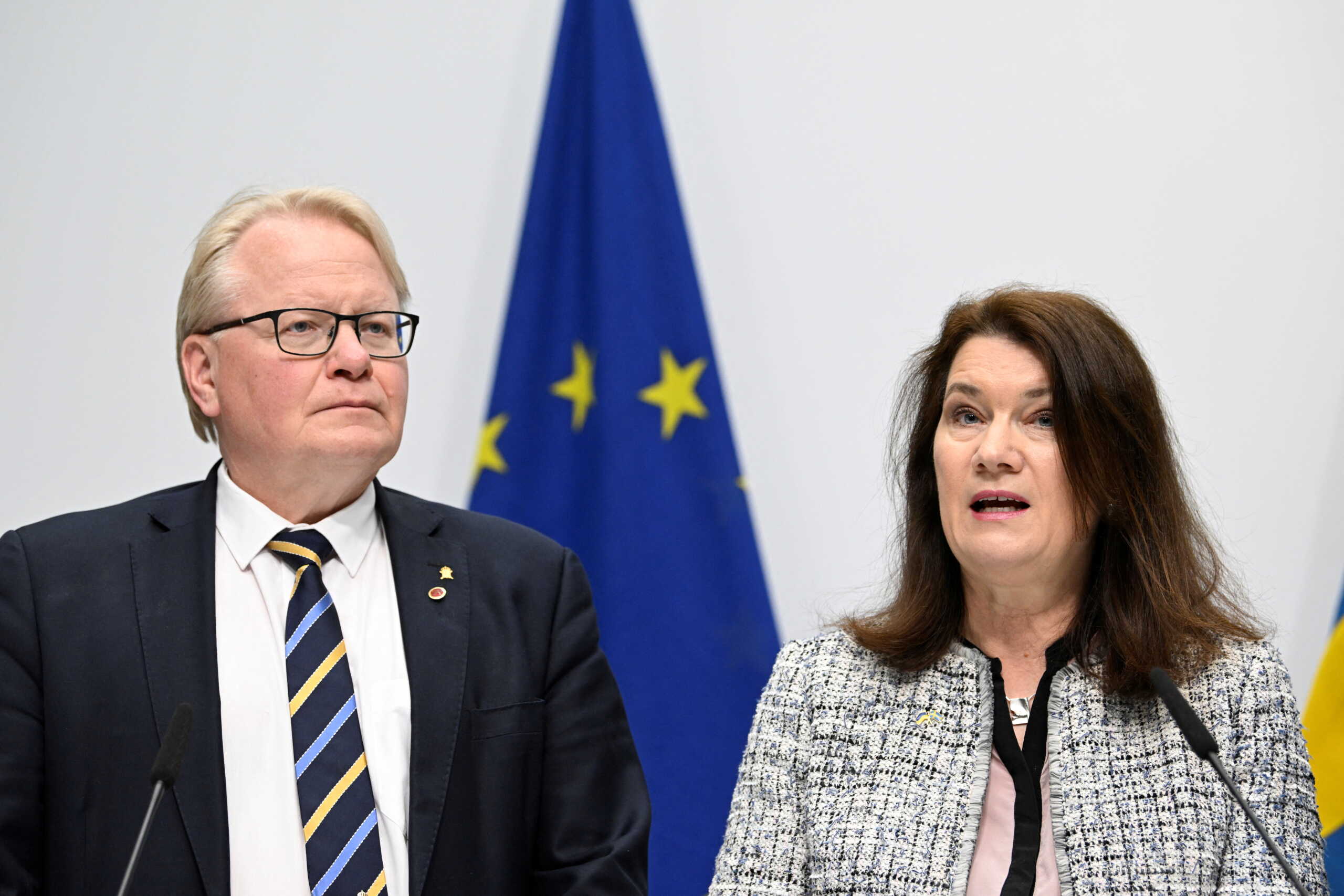 Sweden's Defense Minister Peter Hultqvist and Foreign Minister Ann Linde present a security policy analysis during a news conference in Stockholm, Sweden, May 13, 2022. TT News Agency