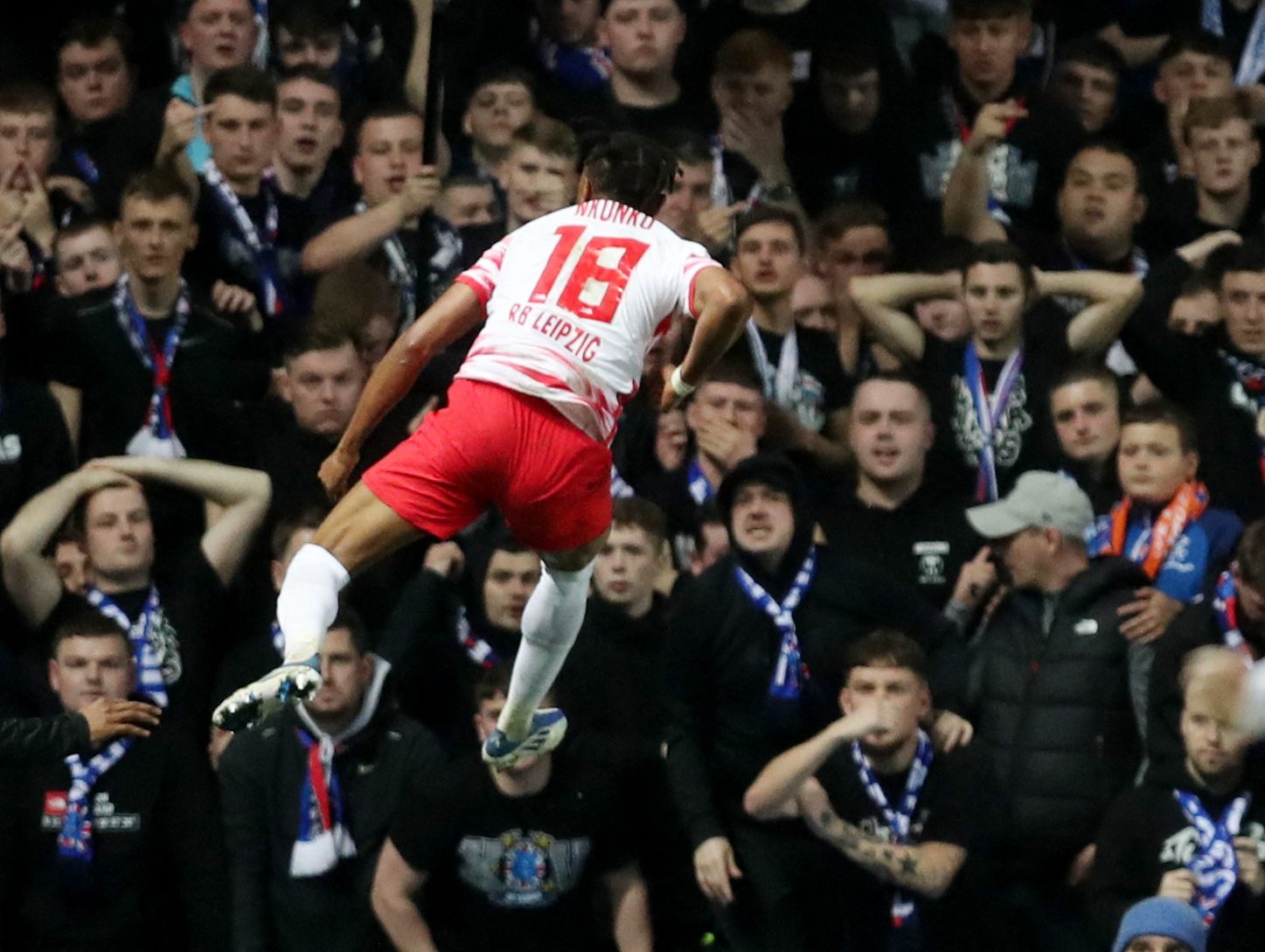 Soccer Football - Europa League - Semi Final - Second Leg - Rangers v RB Leipzig - Ibrox, Glasgow, Scotland, Britain - May 5, 2022 RB Leipzig's Christopher Nkunku celebrates scoring their first goal REUTERS
