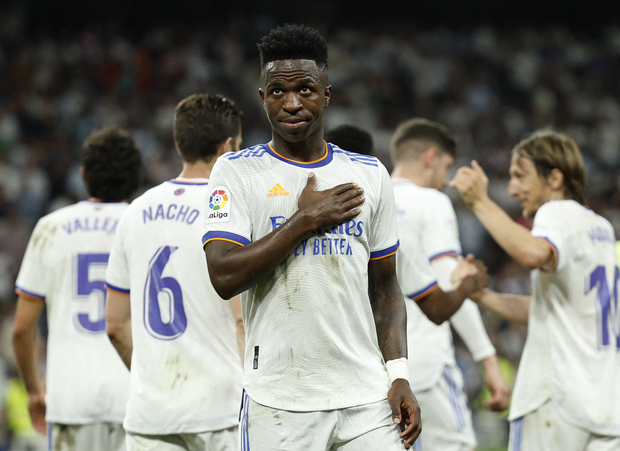 Soccer Football - LaLiga - Real Madrid v Levante - Santiago Bernabeu, Madrid, Spain - May 12, 2022 Real Madrid's Vinicius Junior celebrates scoring their fourth goal REUTERS