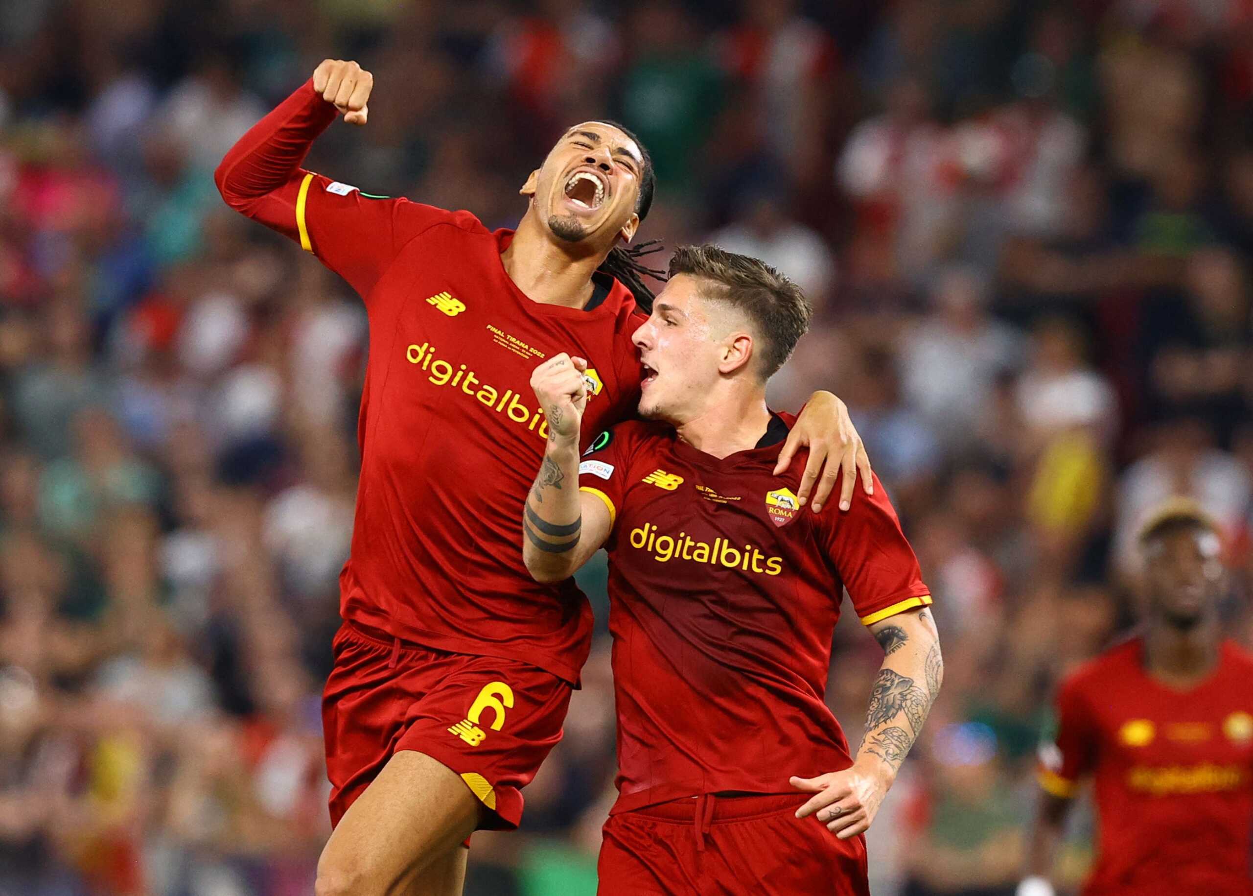 Soccer Football - Europa Conference League - Final - AS Roma v Feyenoord - Arena Kombetare, Tirana, Albania - May 25, 2022  AS Roma's Nicolo Zaniolo celebrates scoring their first goal with Chris Smalling REUTERS