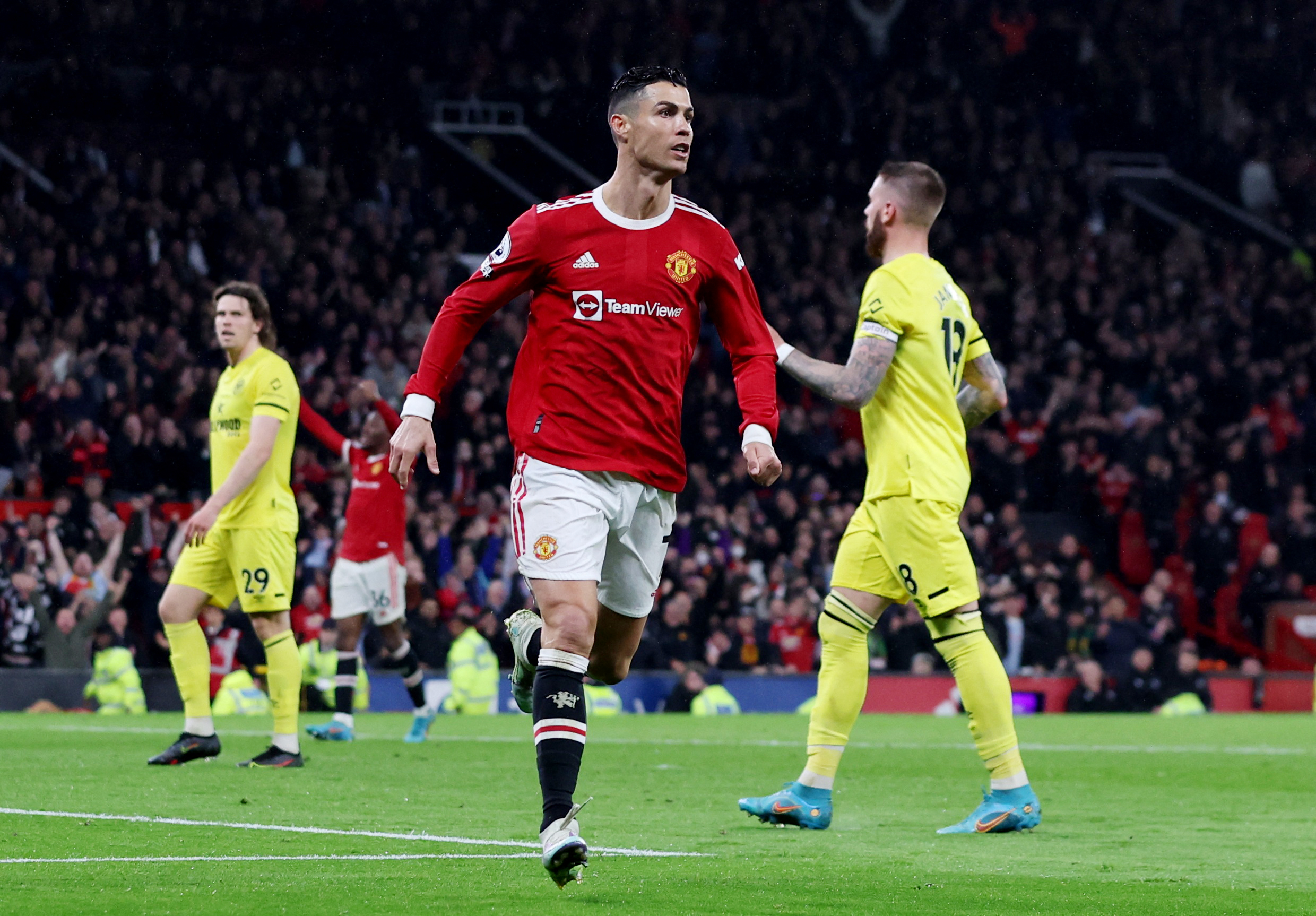 Soccer Football - Premier League - Manchester United v Brentford - Old Trafford, Manchester, Britain - May 2, 2022 Manchester United's Cristiano Ronaldo celebrates scoring their second goal later disallowed after a VAR review REUTERS