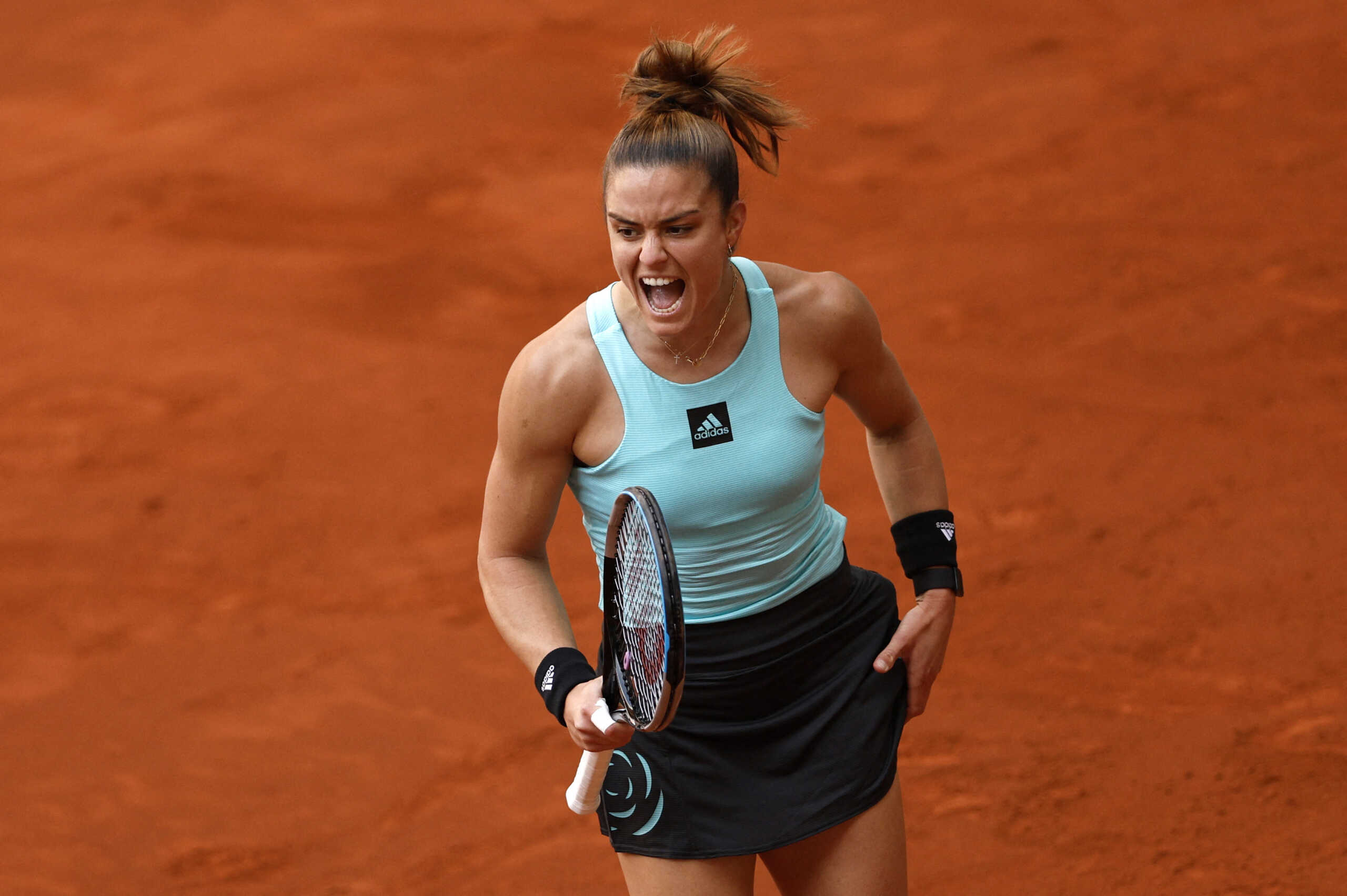 Tennis - WTA Masters 1000 - Madrid Open - Caja Magica, Madrid, Spain - May 1, 2022 Greece's Maria Sakkari reacts during her second round match against Russia's Daria Kasatkina REUTERS