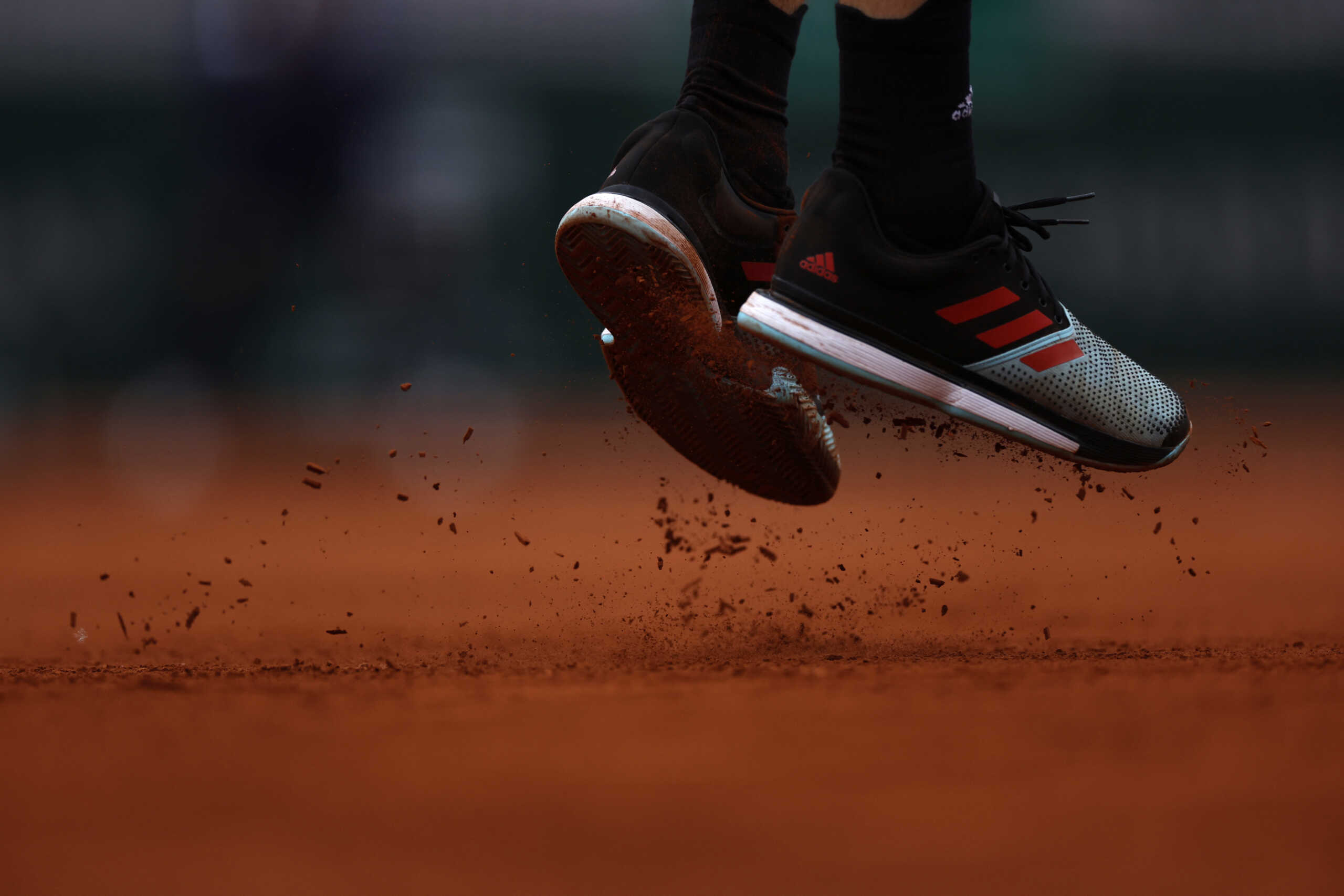 Tennis - French Open - Roland Garros, Paris, France - May 26, 2022 General view as Greece's Stefanos Tsitsipas shoes are seen during his second round match against Czech Republic's Zdenek Kolar REUTERS
