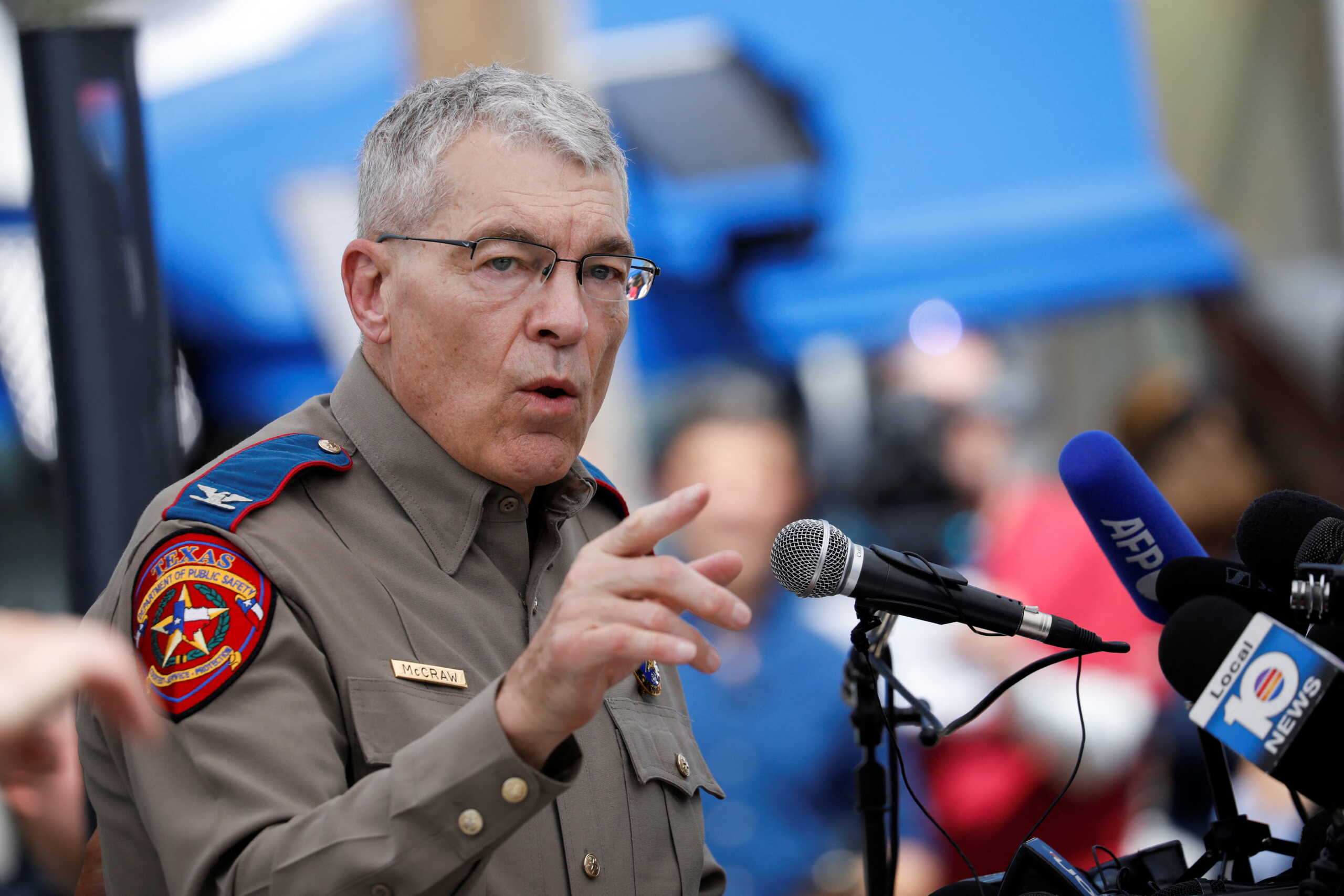 Colonel Steven McCraw, director of the Texas Department of Public Safety speaks during a news conference outside Robb Elementary school, three days after a gunman killed nineteen children and two adults in a mass shooting, in Uvalde, Texas, U.S. May 27, 2022. REUTERS