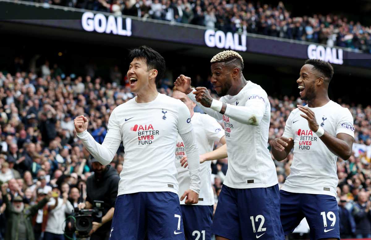 Soccer Football - Premier League - Tottenham Hotspur v Leicester City - Tottenham Hotspur Stadium, London, Britain - May 1, 2022 Tottenham Hotspur's Son Heung-min celebrates scoring their third goal with Emerson Royal and Ryan Sessegnon Action Images via Reuters