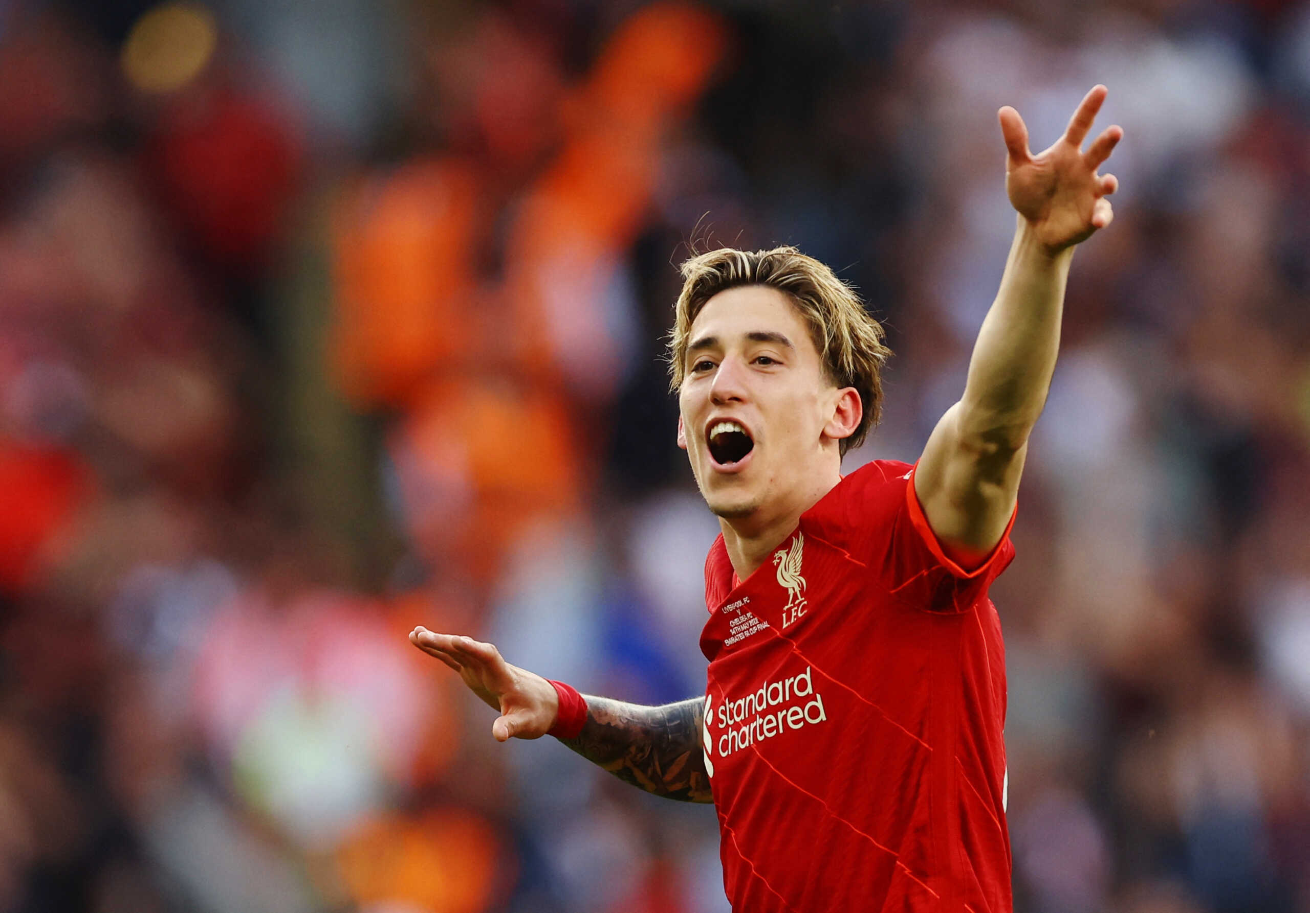 Soccer Football - FA Cup - Final - Chelsea v Liverpool - Wembley Stadium, London, Britain - May 14, 2022 Liverpool's Kostas Tsimikas celebrate safter winning the FA Cup REUTERS