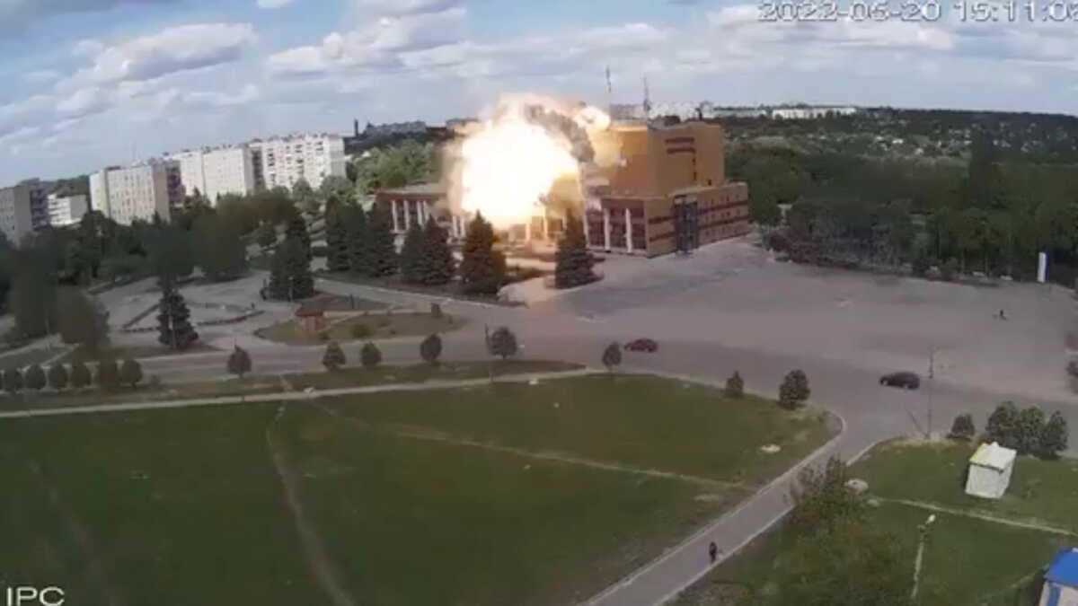 A still image shows the impact of an airstrike on the Cultural Centre, as Russia's attack on Ukraine continues, in Lozova, Kharkiv region, Ukraine in this screen grab taken from a handout video released May 20, 2022. State Emergency Service of Ukraine (DSNS)