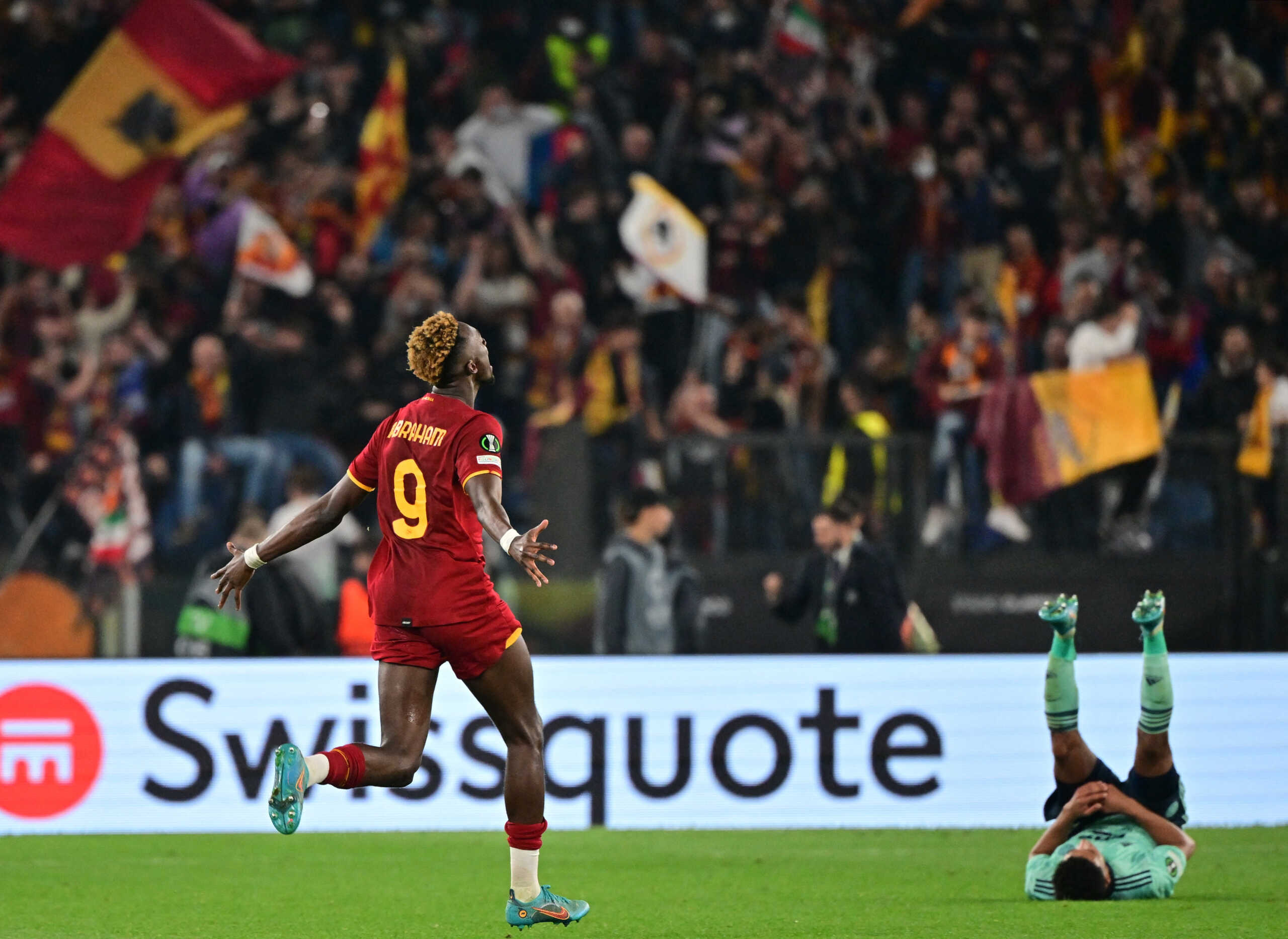 Soccer Football - Europa Conference League - Semi Final - Second Leg - AS Roma v Leicester City - Stadio Olimpico, Rome, Italy - May 5, 2022 AS Roma's Tammy Abraham celebrates after the match REUTERS