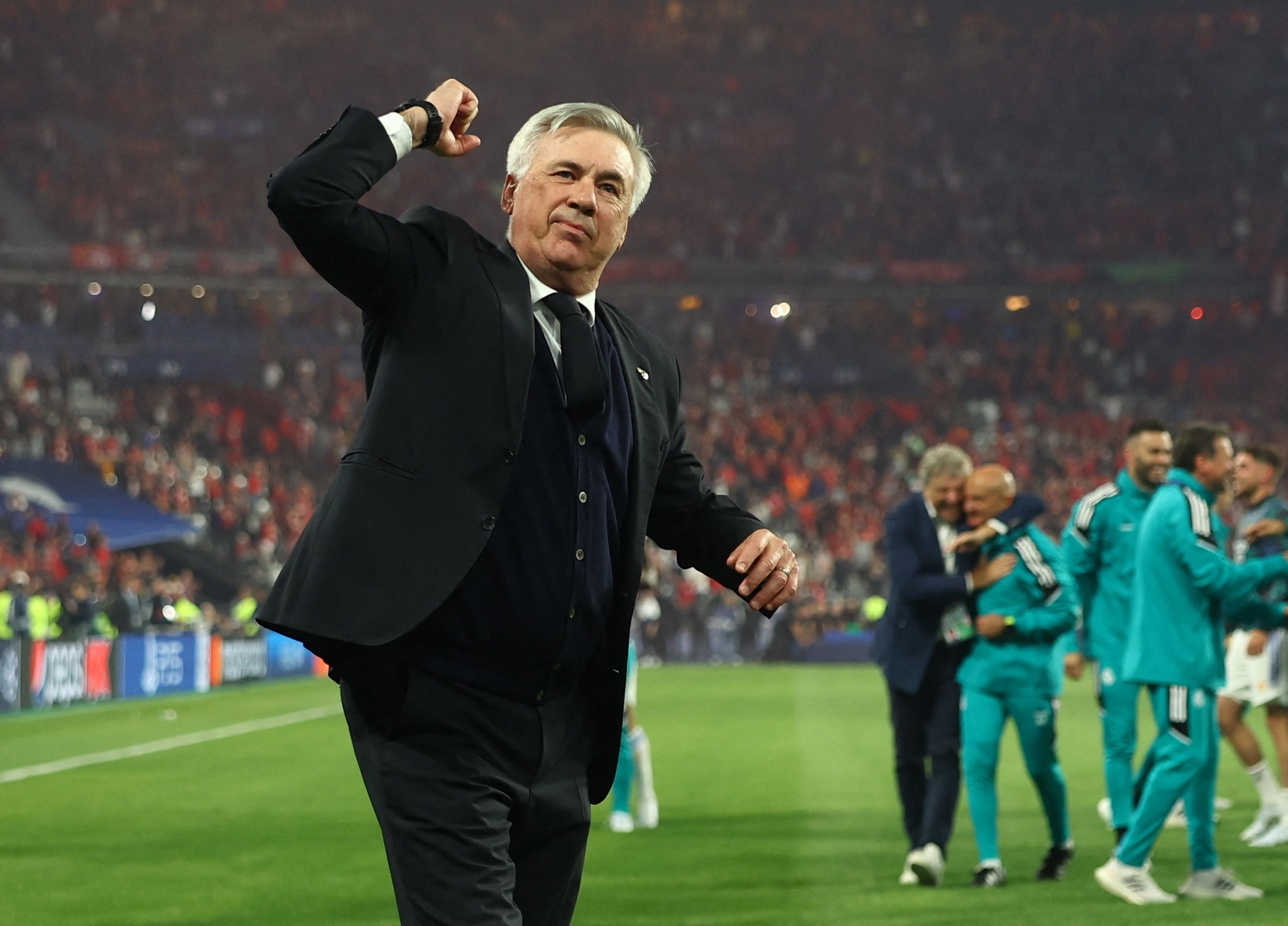 Soccer Football - Champions League Final - Liverpool v Real Madrid - Stade de France, Saint-Denis near Paris, France - May 28, 2022 Real Madrid coach Carlo Ancelotti celebrates after winning the Champions League REUTERS