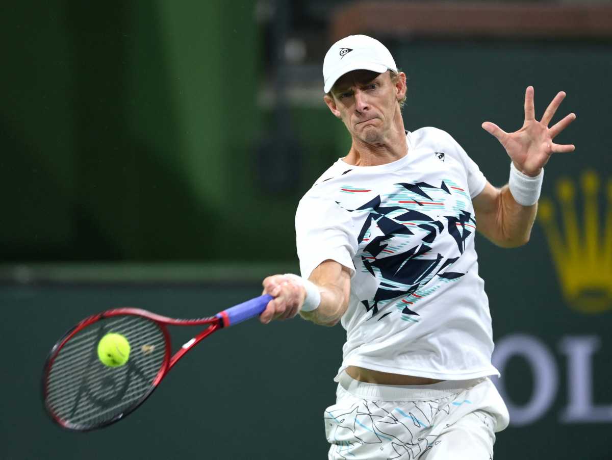 FILE PHOTO: Oct 12, 2021; Indian Wells, CA, USA; Kevin Anderson (RSA) hits a shot against Gael Monfils (FRA) during a third round match in the BNP Paribas Open at the Indian Wells Tennis Garden. Mandatory Credit: Jayne Kamin-Oncea-USA TODAY Sports