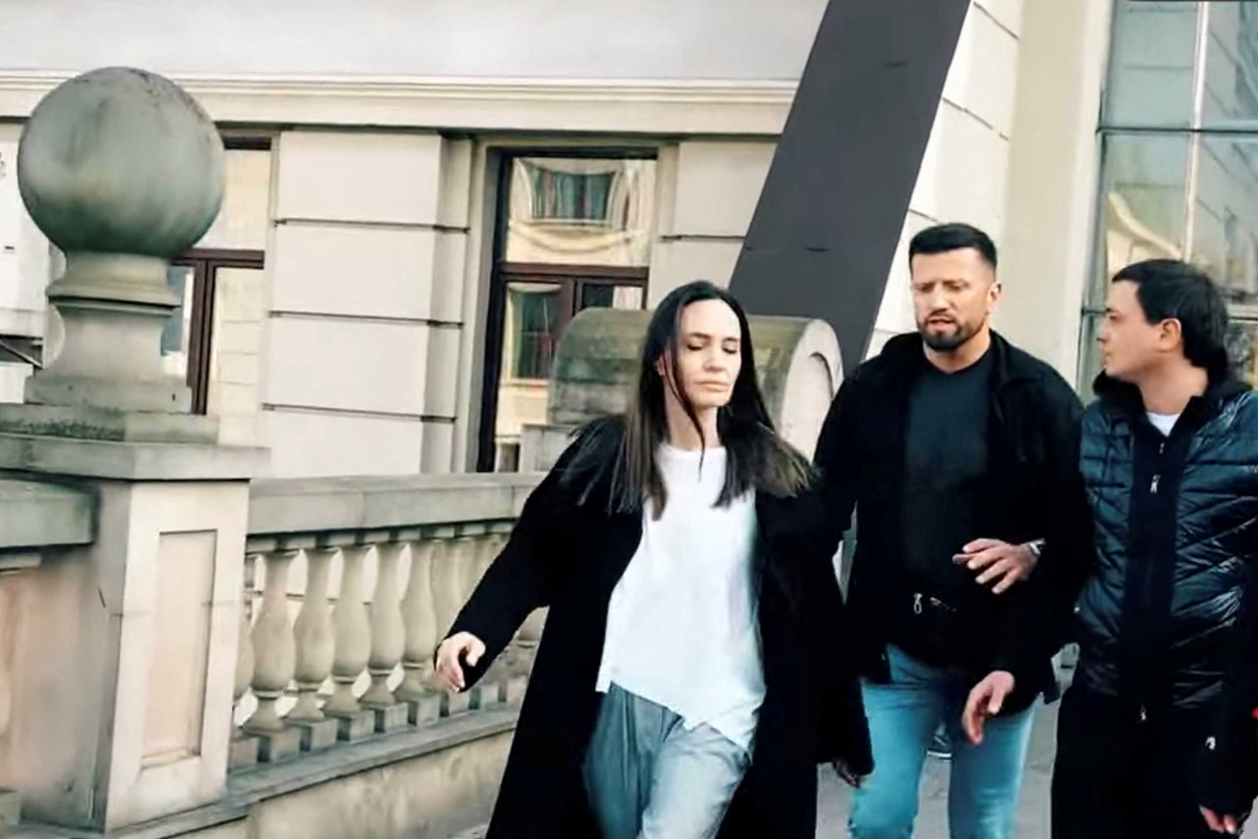 U.S. actor and UNHCR Special Envoy Angelina Jolie evacuates the main railway station during her visit to Lviv, Ukraine amid air raid sirens during the ongoing Russian invasion April 30, 2022 in this still image obtained from social media video. Lviv.Media via REUTERS ATTENTION EDITORS - THIS IMAGE HAS BEEN PROVIDED BY A THIRD PARTY. MANDATORY CREDIT. NO RESALES. NO ARCHIVES.