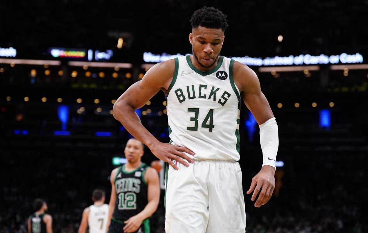 May 1, 2022; Boston, Massachusetts, USA; Milwaukee Bucks forward Giannis Antetokounmpo (34) on the court against the Boston Celtics in the first quarter during game one of the second round for the 2022 NBA playoffs at TD Garden. Mandatory Credit: David Butler II-USA TODAY Sports