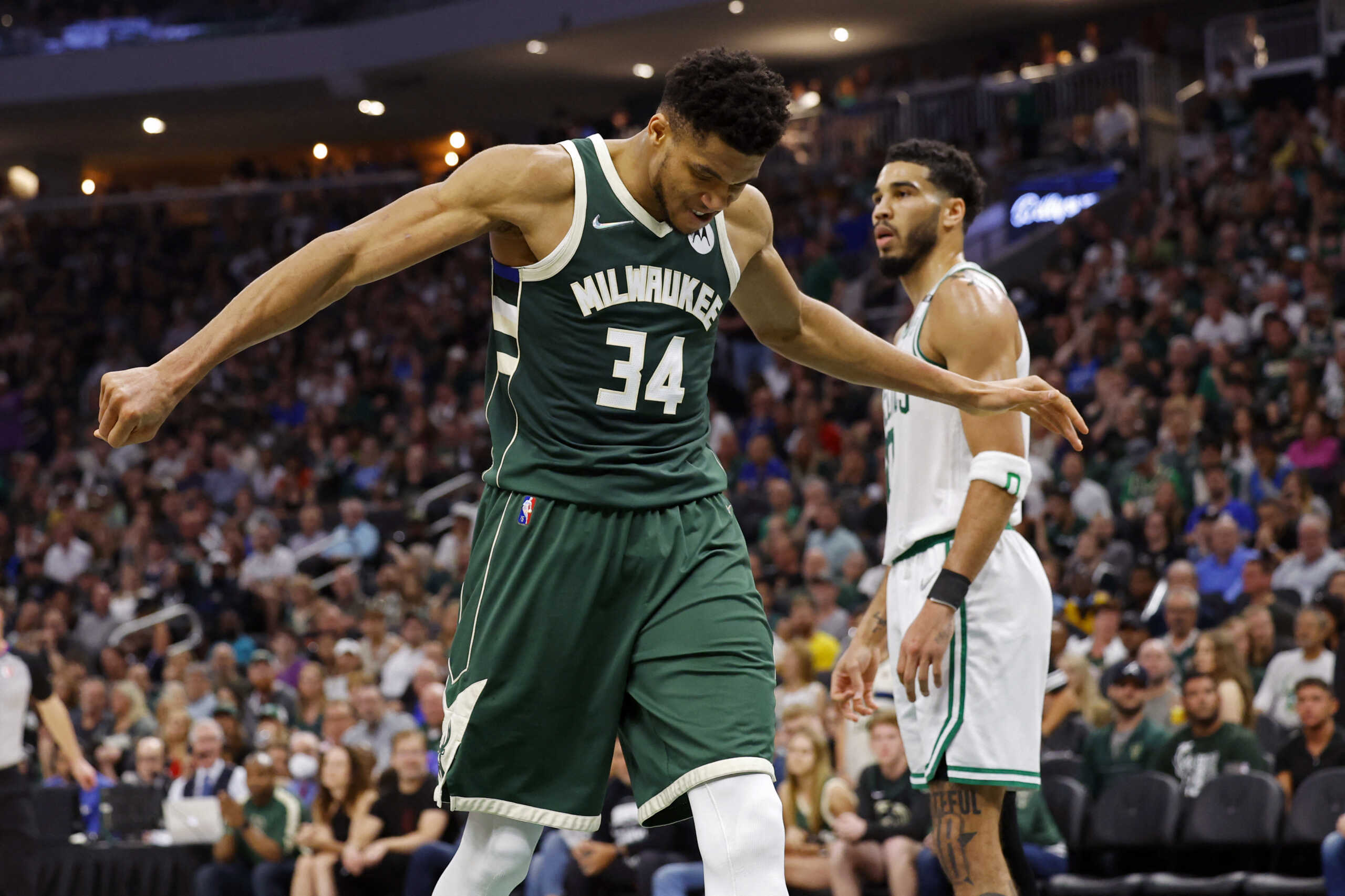 May 13, 2022; Milwaukee, Wisconsin, USA;  Milwaukee Bucks forward Giannis Antetokounmpo (34) reacts after being called for a foul during the second quarter against the Boston Celtics during game six of the second round for the 2022 NBA playoffs at Fiserv Forum. Mandatory Credit: Jeff Hanisch-USA TODAY Sports