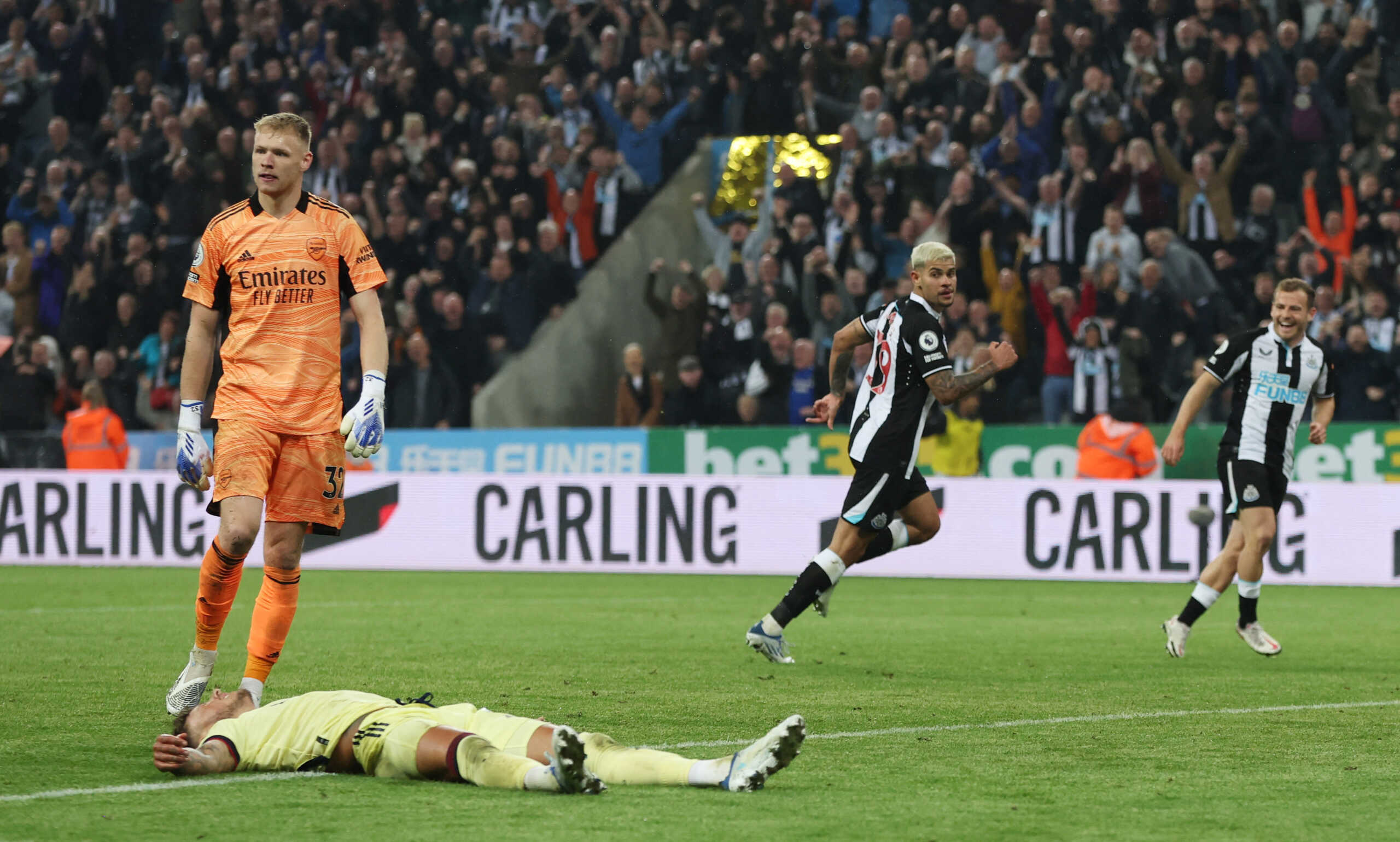 Soccer Football - Premier League - Newcastle United v Arsenal - St James' Park, Newcastle, Britain - May 16, 2022 Newcastle United's Bruno Guimaraes celebrates scoring their second goal Action Images via Reuters
