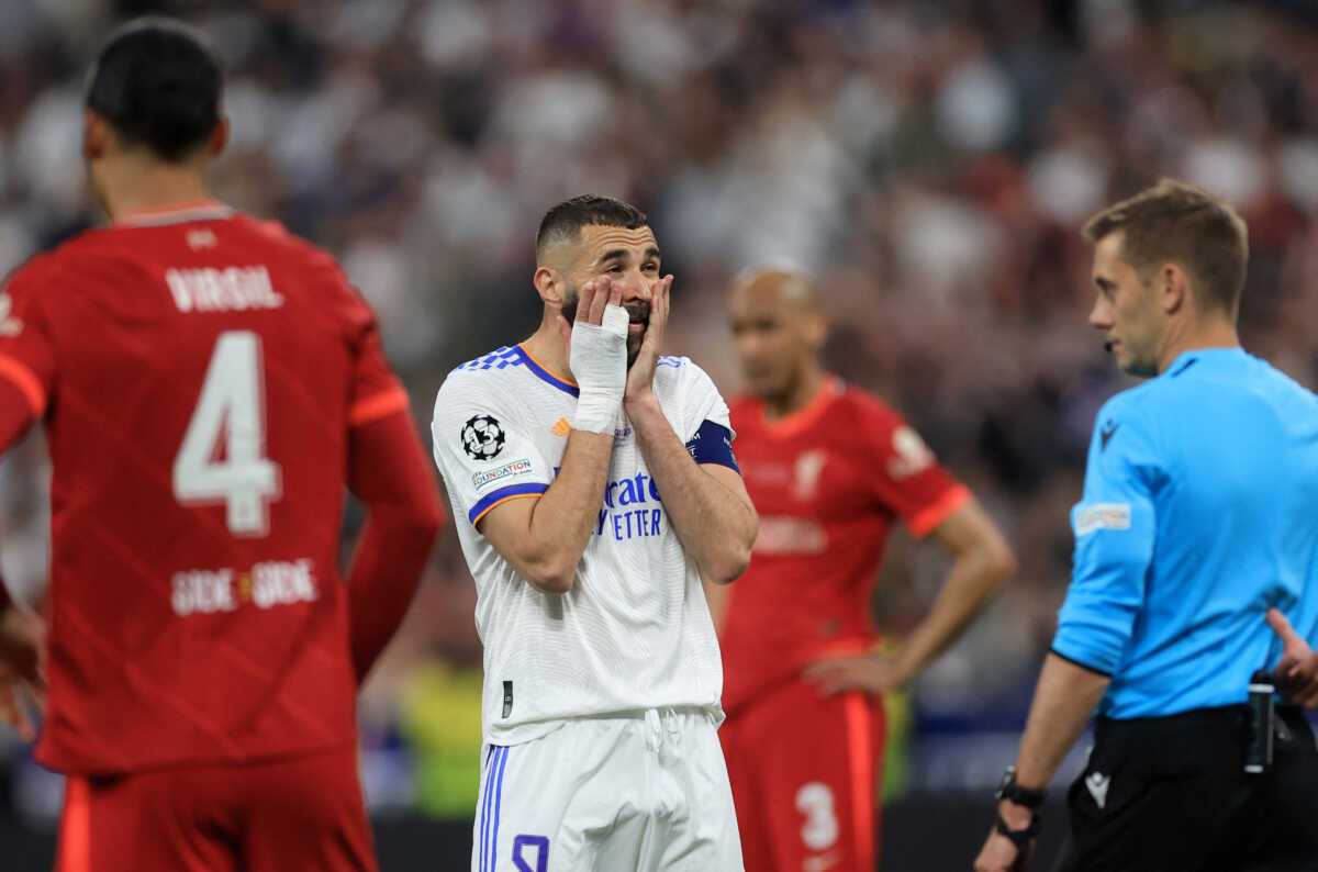 Soccer Football - Champions League Final - Liverpool v Real Madrid - Stade de France, Saint-Denis near Paris, France - May 28, 2022 Real Madrid's Karim Benzema reacts after scoring a goal which is later disallowed upon VAR review REUTERS