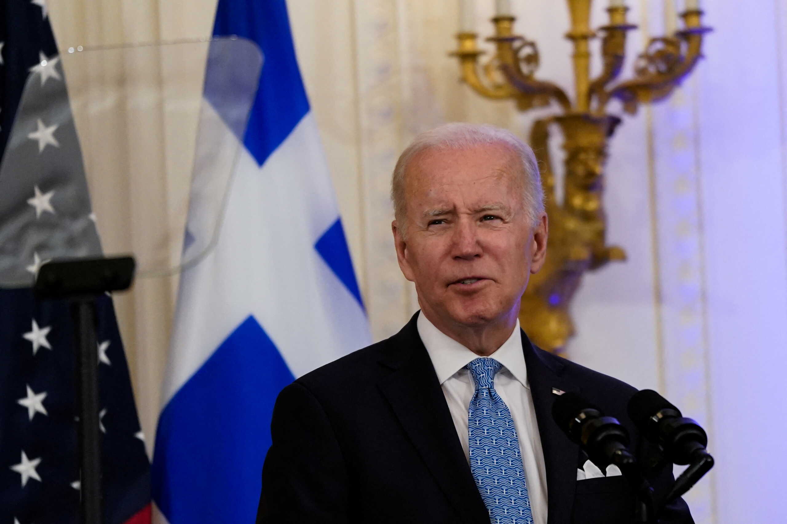 U.S. President Joe Biden speaks during a reception with first lady Jill Biden, Prime Minister Kyriakos Mitsotakis of Greece and his wife Mareva Grabowski-Mitsotakis at the White House in Washington, U.S., May 16, 2022. REUTERS